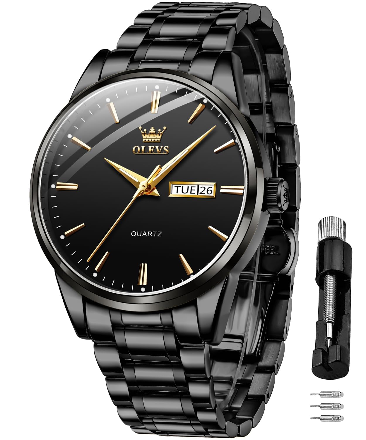 OLEVS Herrenuhren Goldene Schwarz Edelstahlarmband Quarz Uhr Männer mit Datum Wasserdicht Leuchtende Klassische Elegantes Armbanduhr Geschenk