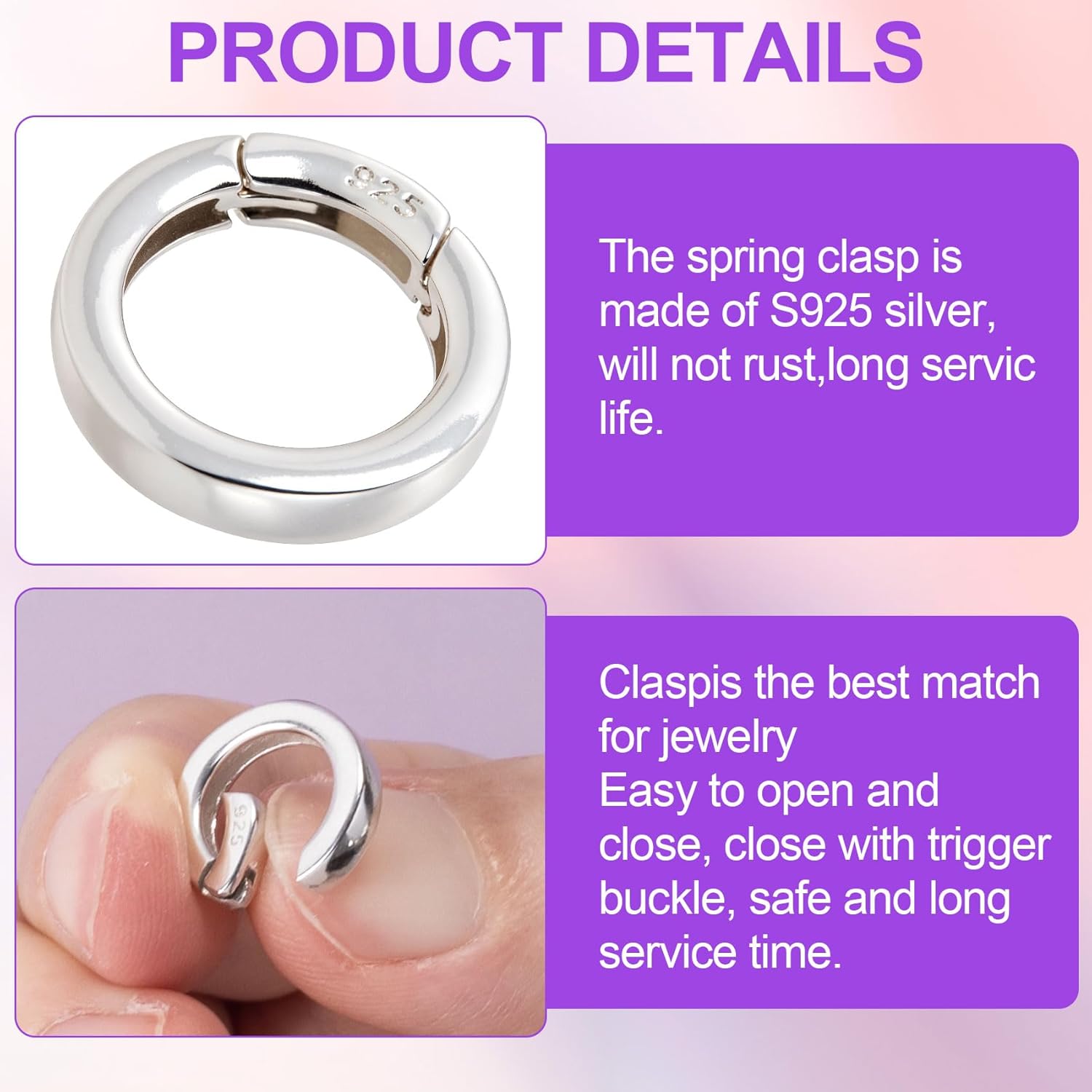 925 Sterling Silver Jewelry Clasps, Hypoallergenic Round Necklace Enhancer Shortener, Spring Rings Clasp Connector Clips for Bracelet Anklet Jewelry Making - Image 3