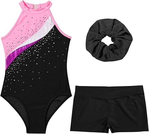 Miniatura 3 de XUNZOO Kids Girls Ballet Dance Outfits Shiny Sleeveless Gymnastic Leotard with Athletic Shorts Hair Band Tracksuit