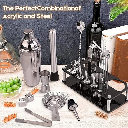 Miniatura 2 de Juego de coctelera de 23 piezas, kit perfecto para mezclar bebidas, herramientas de barra de acero inoxidable con soporte, color plateado