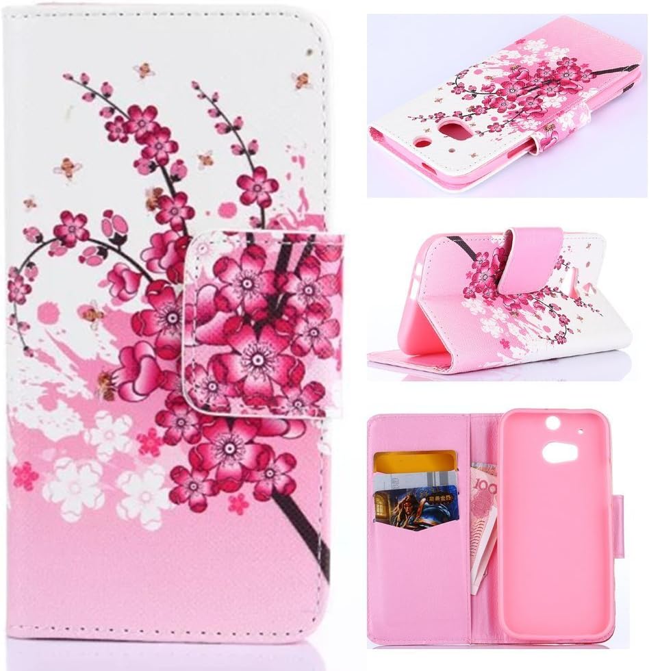 M8 Case HTC ONE M8 Case HTC One M8 Kickstand Case,Tribe-Tiger Stylish Beautiful Plum Blossom Design Premium Pu Leather Magnet Flip Folio Wallet [Built-in Card Slots] Kickstand Case Cover for HTC One M8