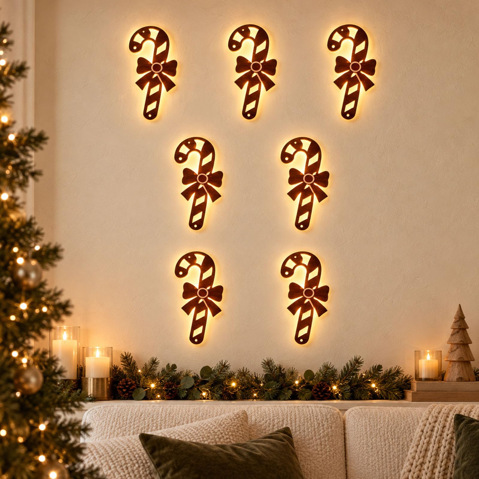 7pcs 3D Light Up Wooden Candy Cane Christmas Wall Decor with Warm LED