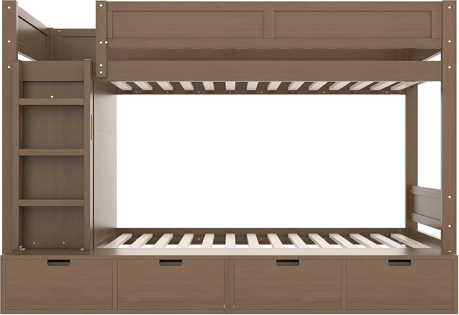 Wood Bunk Bed Twin over Twin with Drawers and Wardrobe for Boys Girls, Twin Size Bunk Bed with Slat Support and Full-length Guardrails for Kids Teens Adults, No Box Spring Needed, Space Saving, Brown