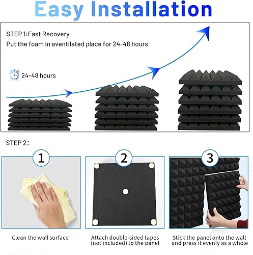 Miniatura 7 de Focusound Paquete de 24 paneles de espuma a prueba de sonido para paredes, paneles de espuma acústica piramidal de 12 x 16 x 2 pulgadas, paneles de