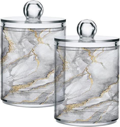 BOENLE Paquete de 2 dispensadores Qtip con tapa de recipiente de almacenamiento de mármol blanco y gris para baño, juego de tarros de boticario de