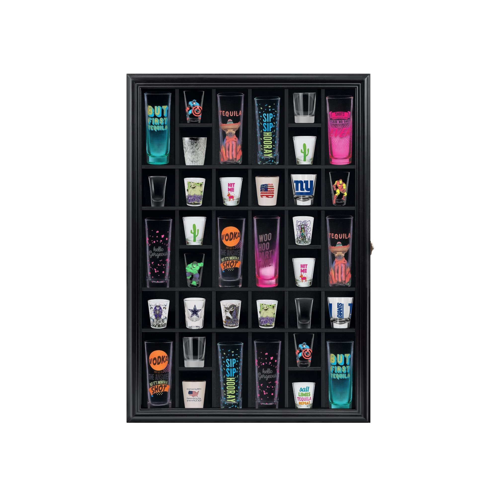 ILOT Shot Glass Display Cabinet Solid Wood - Large Display Case for Collectibles | Man Cave Accessories | UV Protection Acrylic Door | Wall Mounted Black Shadow Box | 36 Divided Slots | 26" x 18"