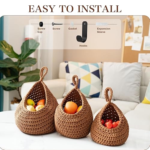Miniatura 5 de Cesta colgante de frutas para cocina, paquete de 3 cestas bohemias para productos de pared con 6 ganchos fuertes, soporte de frutas tejido para