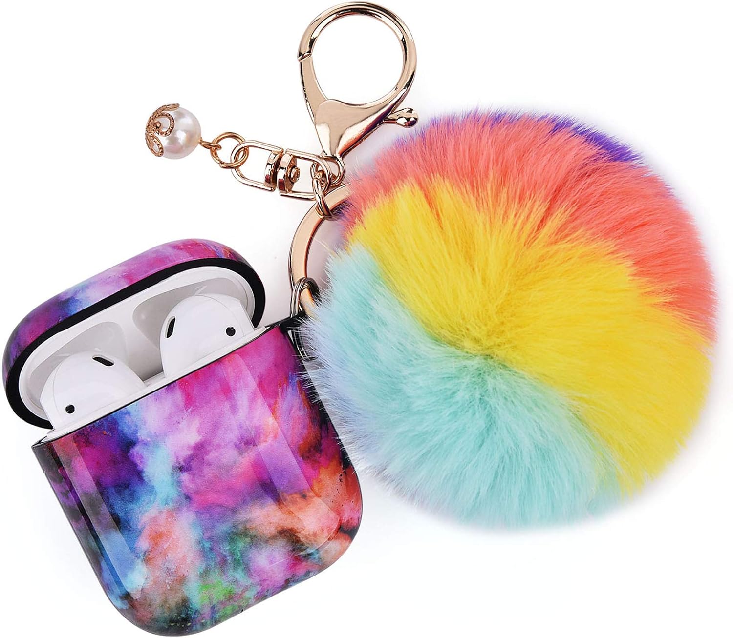 Airpods Case for Women Girls, CAGOS Airpod Case Cute with Pompom Fur Ball, Compatible with Apple Air Pods 2 Gen 1 Case, Marble Cover (Colorful)