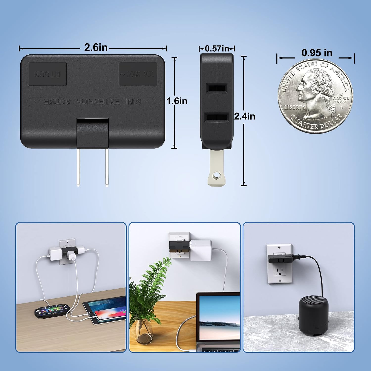 3 Outlet Wall Adapter-2 Prong Swivel Indoor Mini Wall Tap Power Outlet Extender Plug, Flat Outlet Adapter (Quick & Space Saving) Perfect for Home, School, Office, Travel, Type A, Black (3 Way-2 Pack)
