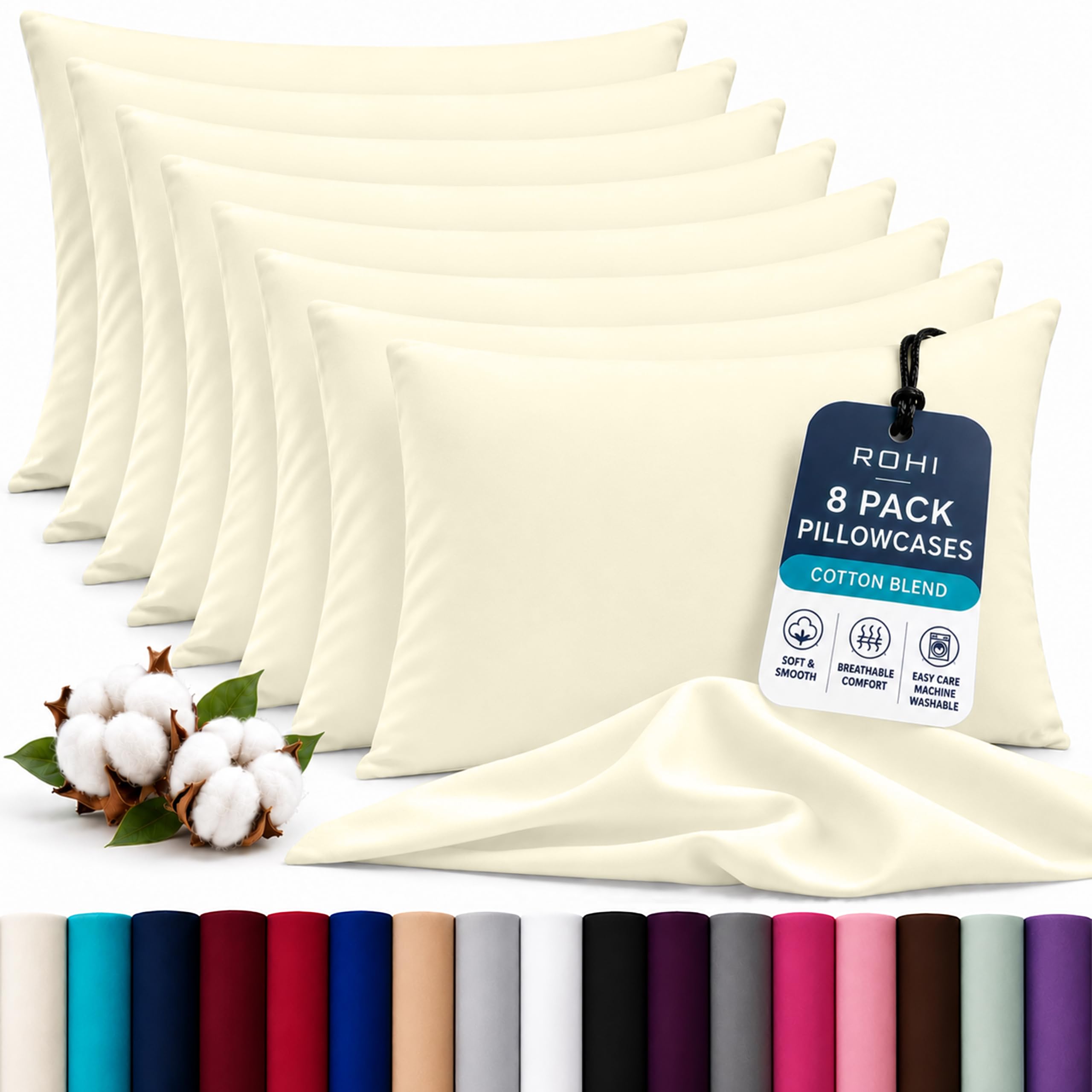 Rohi Luxury Cream Pillow Cases 8 Pack - (50×75cm) | Soft & Comfy Cotton Blend Pillow Covers with Envelope Closure | Breathable, Anti-Allergy, Fade & Wrinkle Resistant
