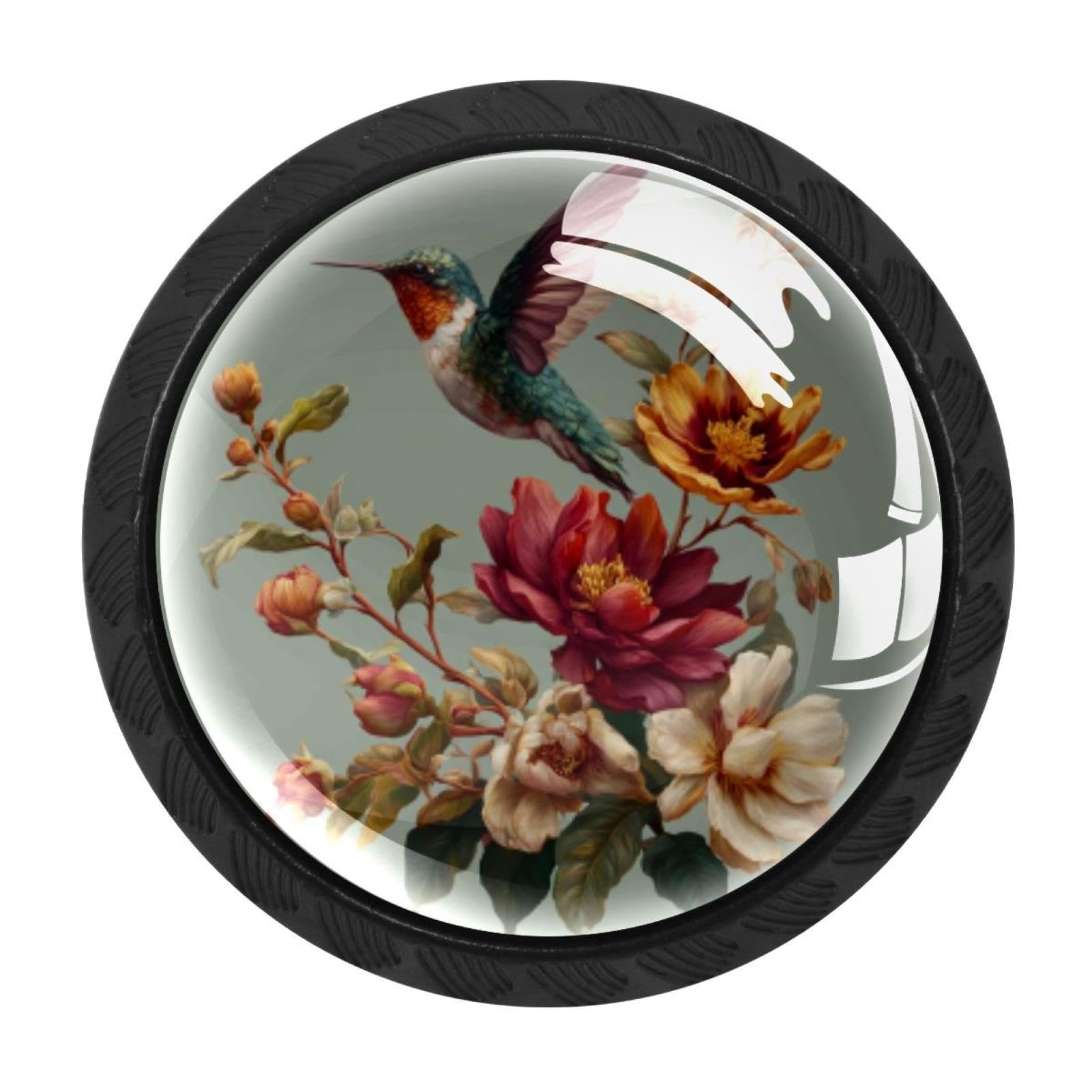 CHENZZZZ 4 Pack Hummingbird and Flowers (1) Dresser Drawer Cabinet Knobs Black Round Drawer Knob Pull Handle with Screws for Kitchen Wardrobe Cupboard Furniture Decor