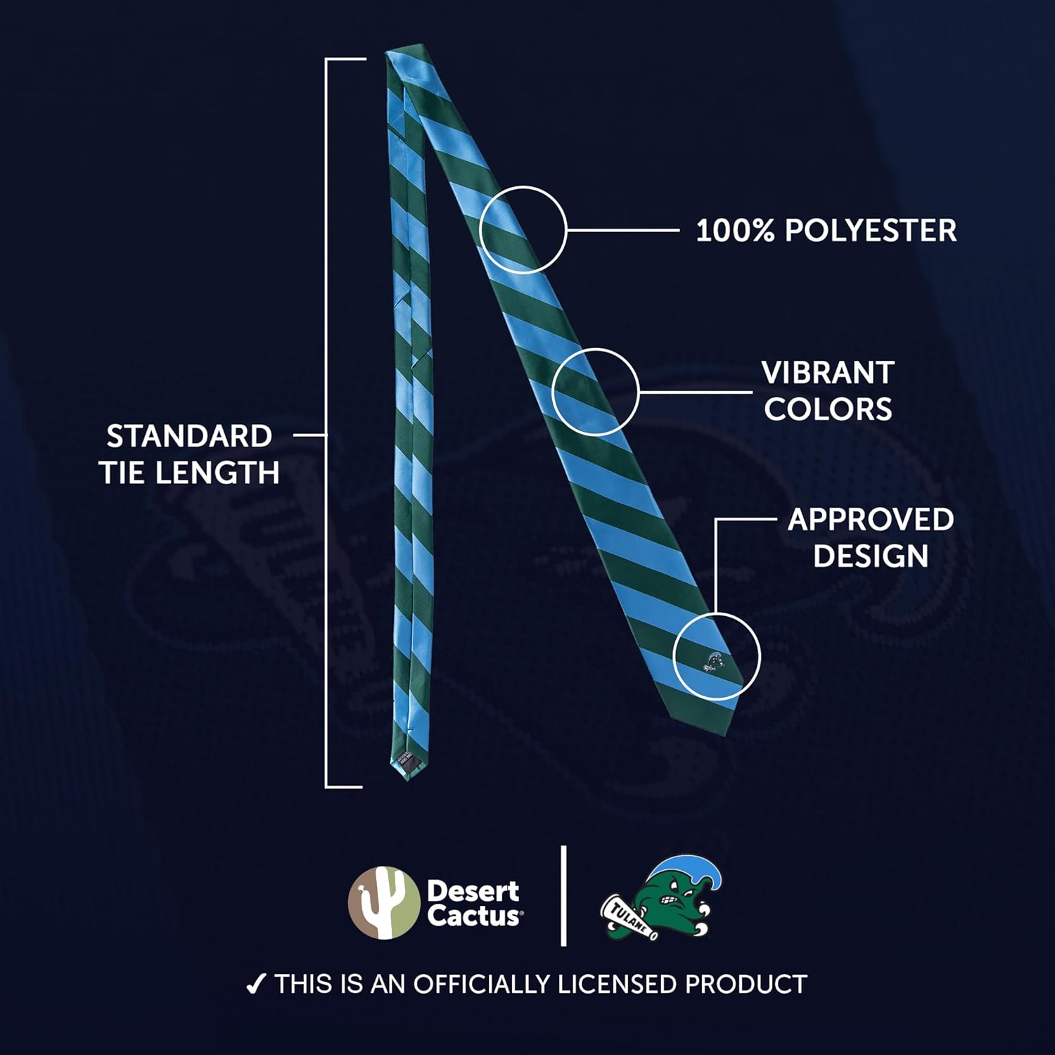 Desert Cactus Tulane University Neck Tie TU Green Wave 100% Polyester Necktie with Logo, Officially Licensed - Image 3