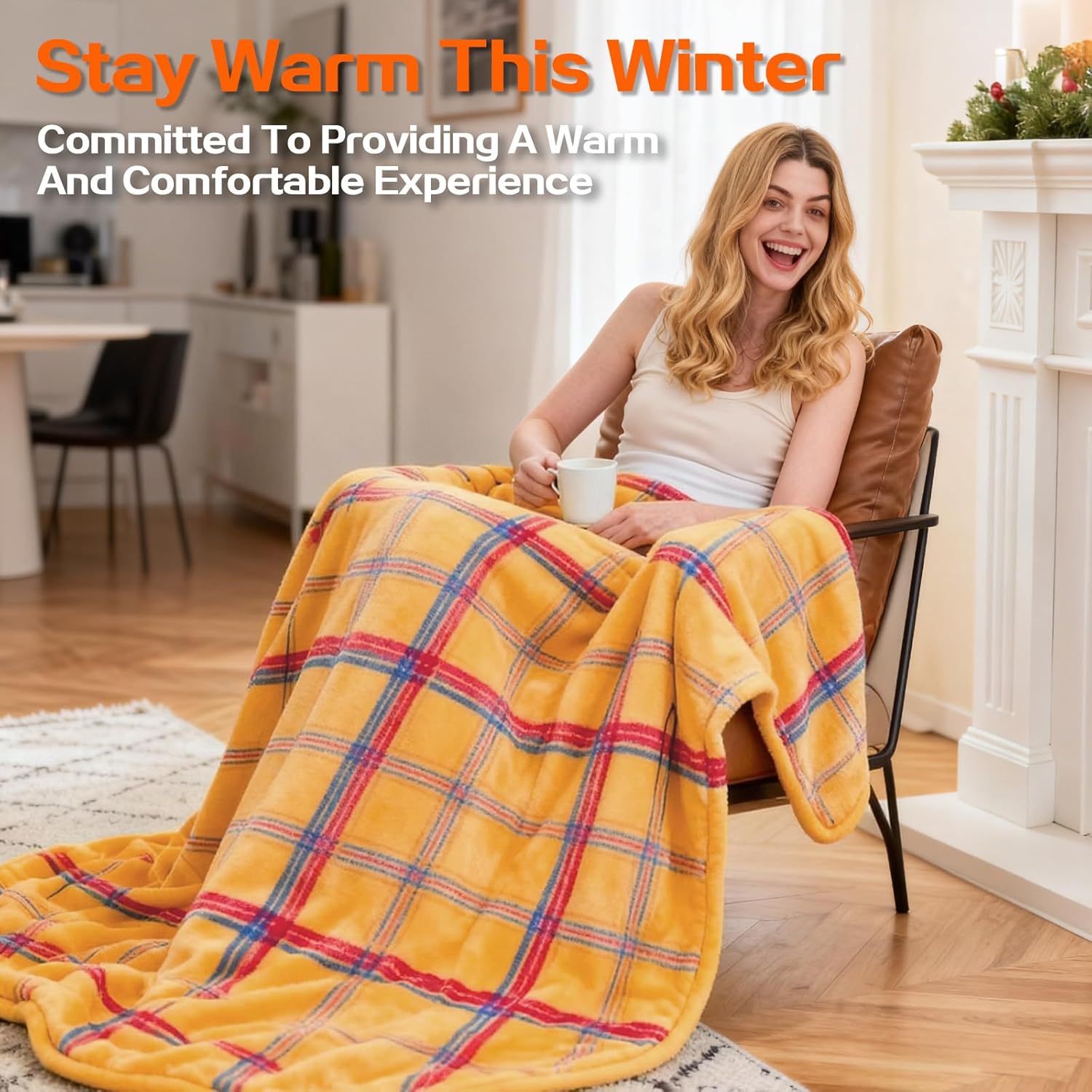 Electric Blanket Heated Throw, Soft Flannel 50"x60" Plaid Heating Blanket with 8 Hours Auto Off 10 Fast Heating Levels Machine Washable Sherpa Heated Blanket with Overheating Protection - Image 5