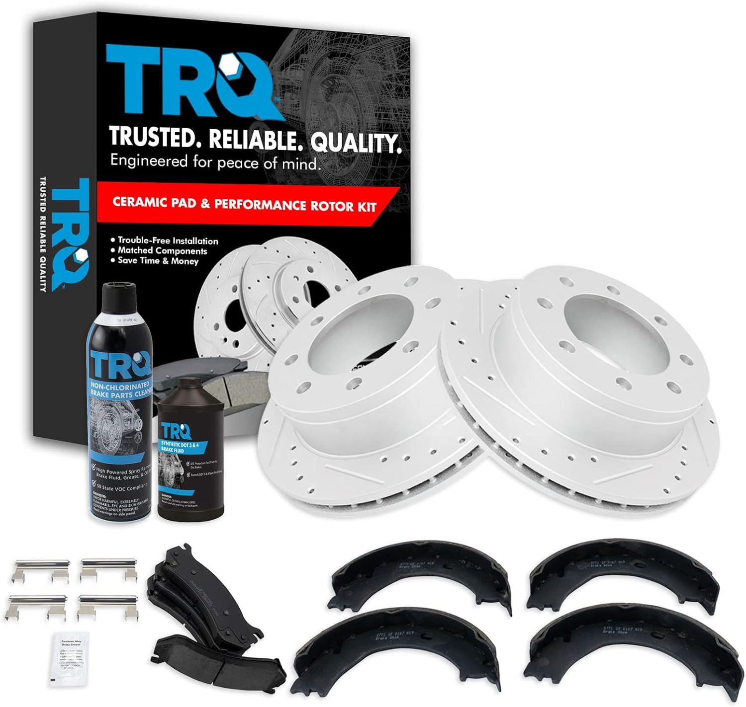 TRQ Rear Brake Pad & Rotor Kit Premium G-Coated Ceramic Slotted X Drilled Compatible with 99-10 Chevrolet 99-09 GMC