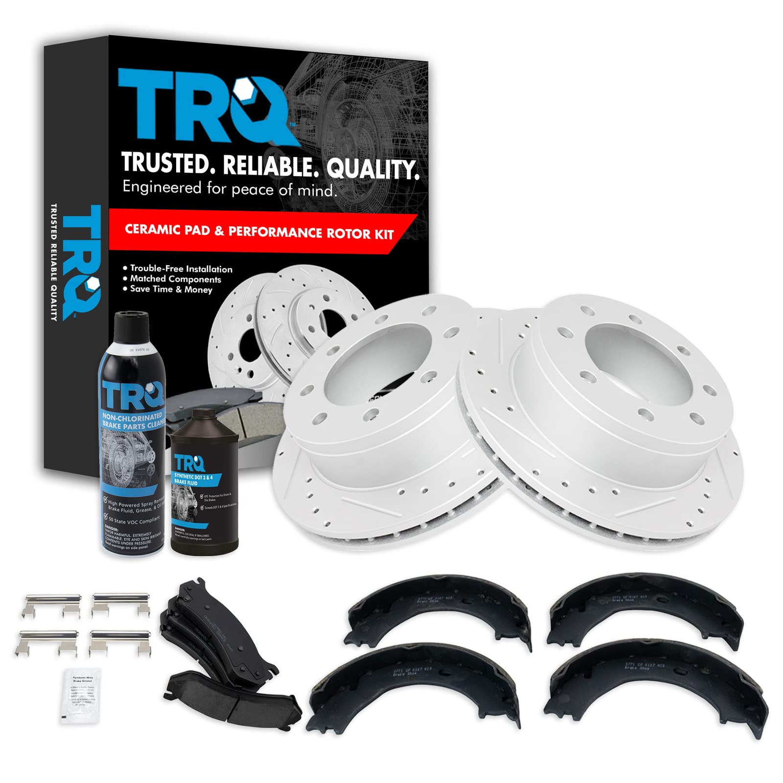 TRQ Performance Rear Brake Pad &amp; Rotor Kit Premium G-Coated Ceramic Slotted X Drilled Compatible with 99-10 Chevrolet 99-09 GMC