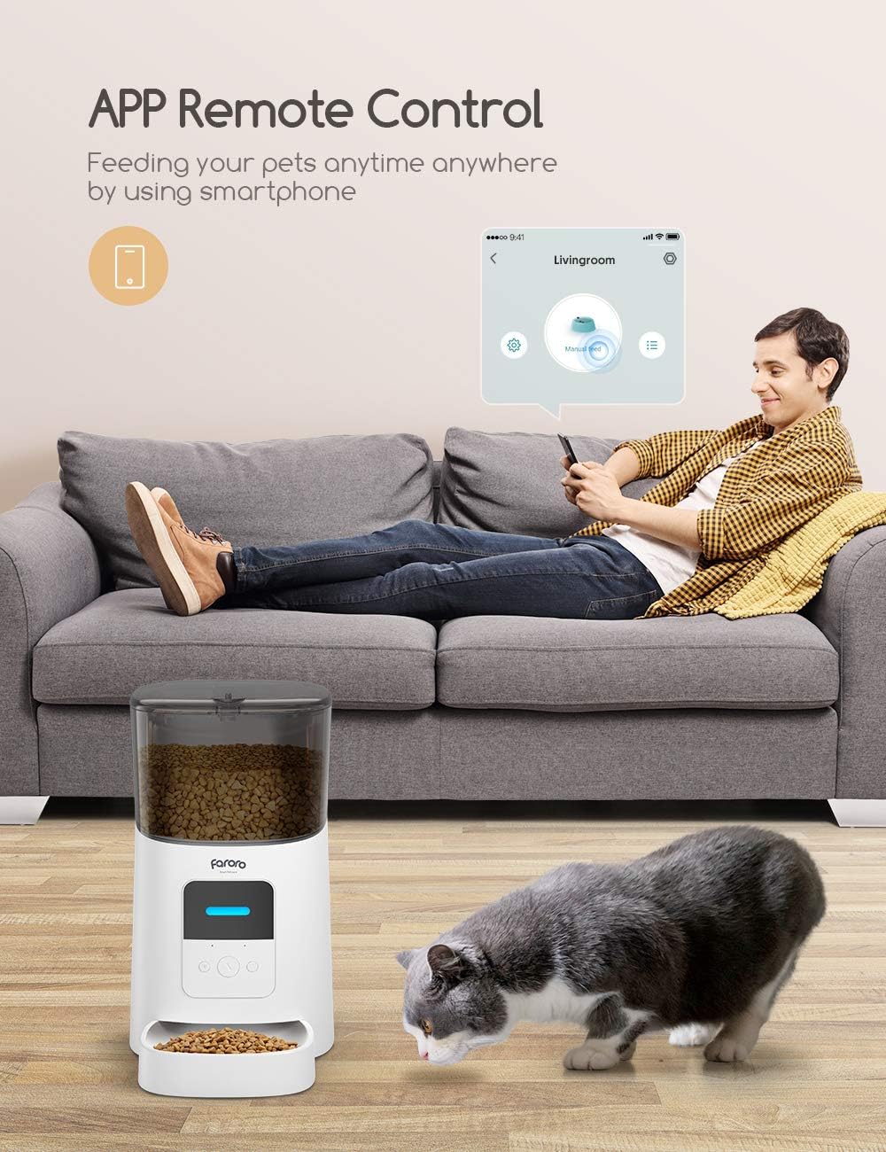 Faroro Automatic Pet Feeder with a cat and a smartphone showing the app's scheduling interface