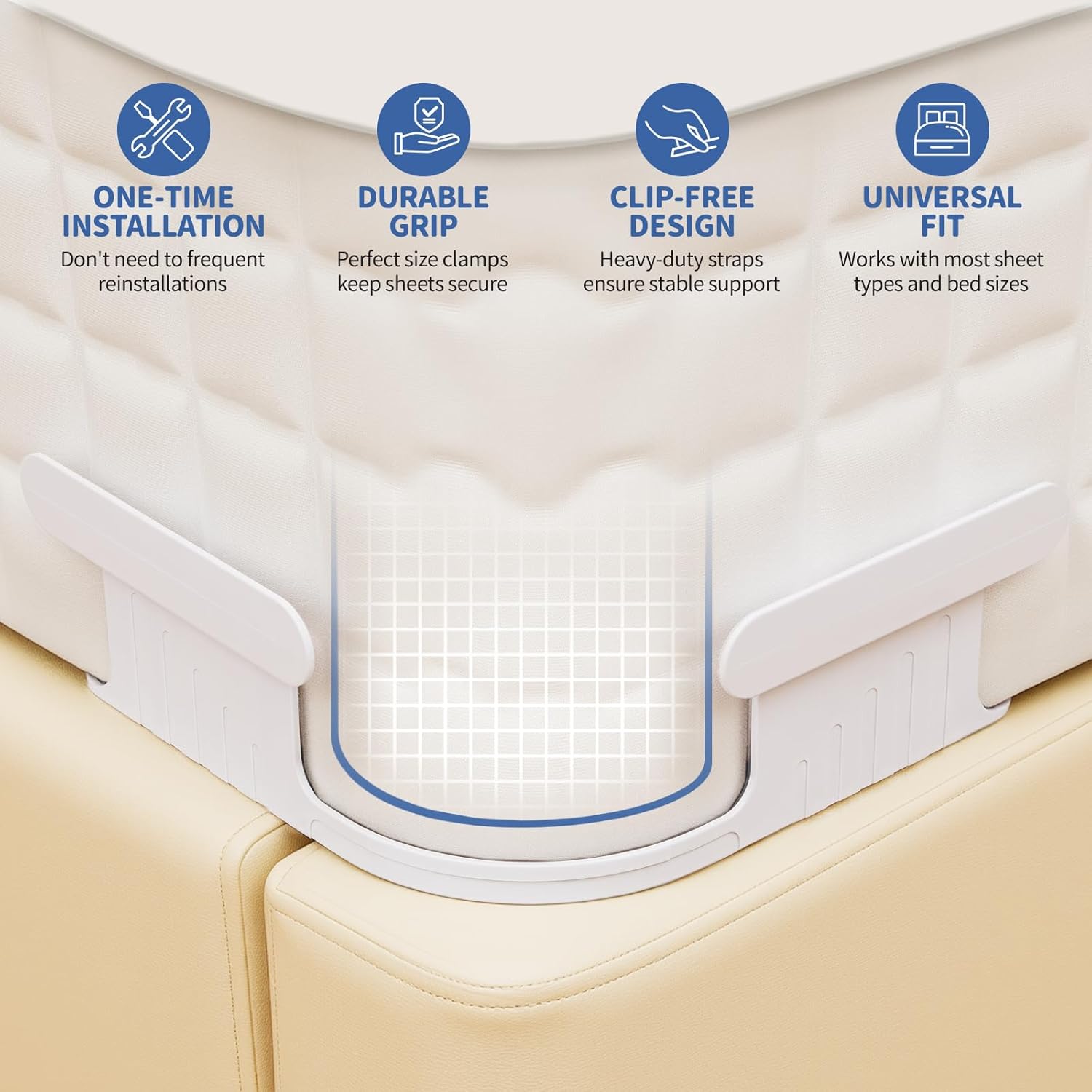 Bed Sheet Holder with Lock Strips, Open Corner Heavy Duty Bedsheet Clips with Enhanced Straps, No More Loose Sheets, Keep Sheets Firm and Tight, Easy Installation (Clear)