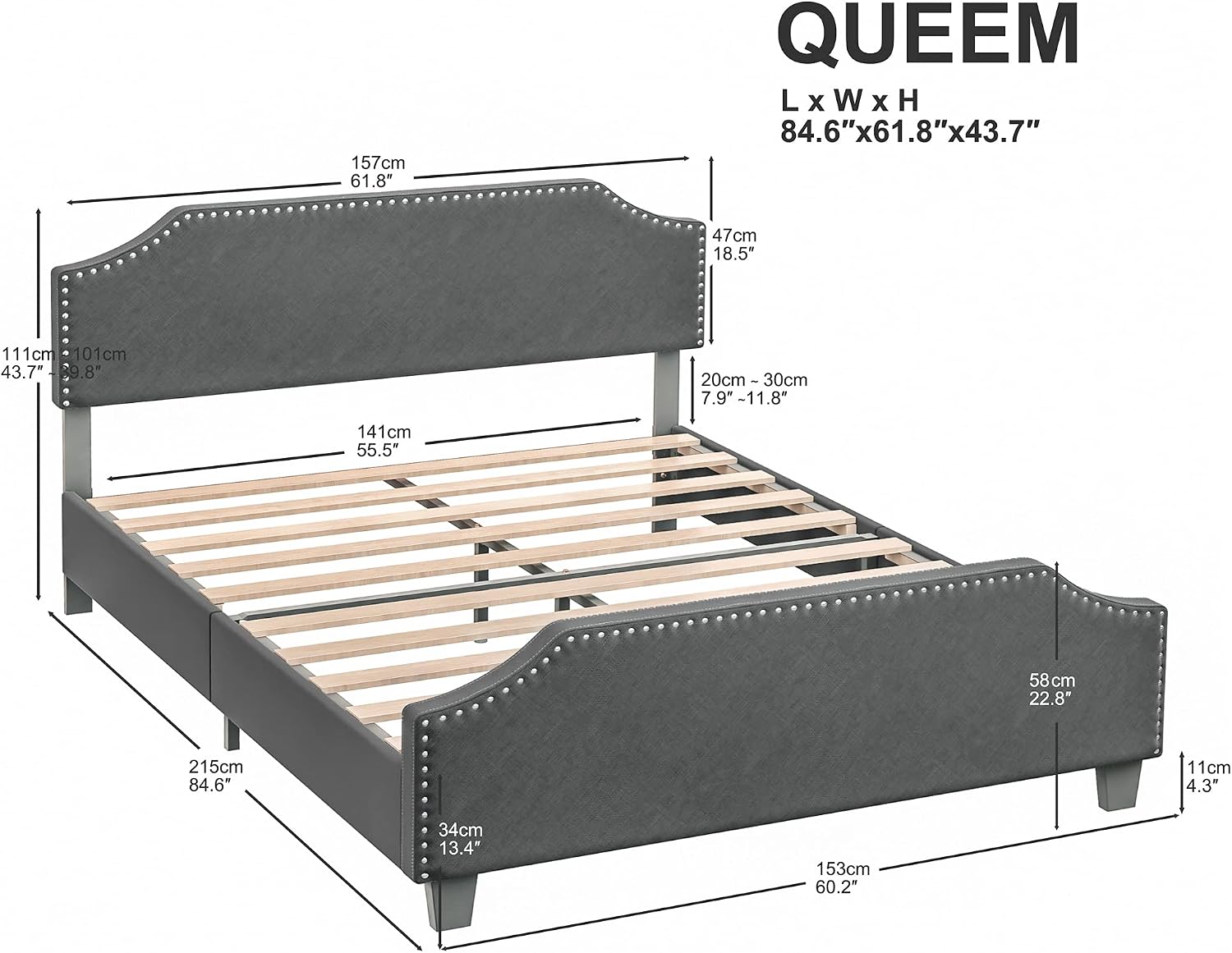 LIKIMIO Bed Frame Queen, Modern Upholstered Platform Bed with Headboard and Footboard, Heavy Duty Wood Slat Support, Easy Assembly, No Box Spring Needed, Dark Grey