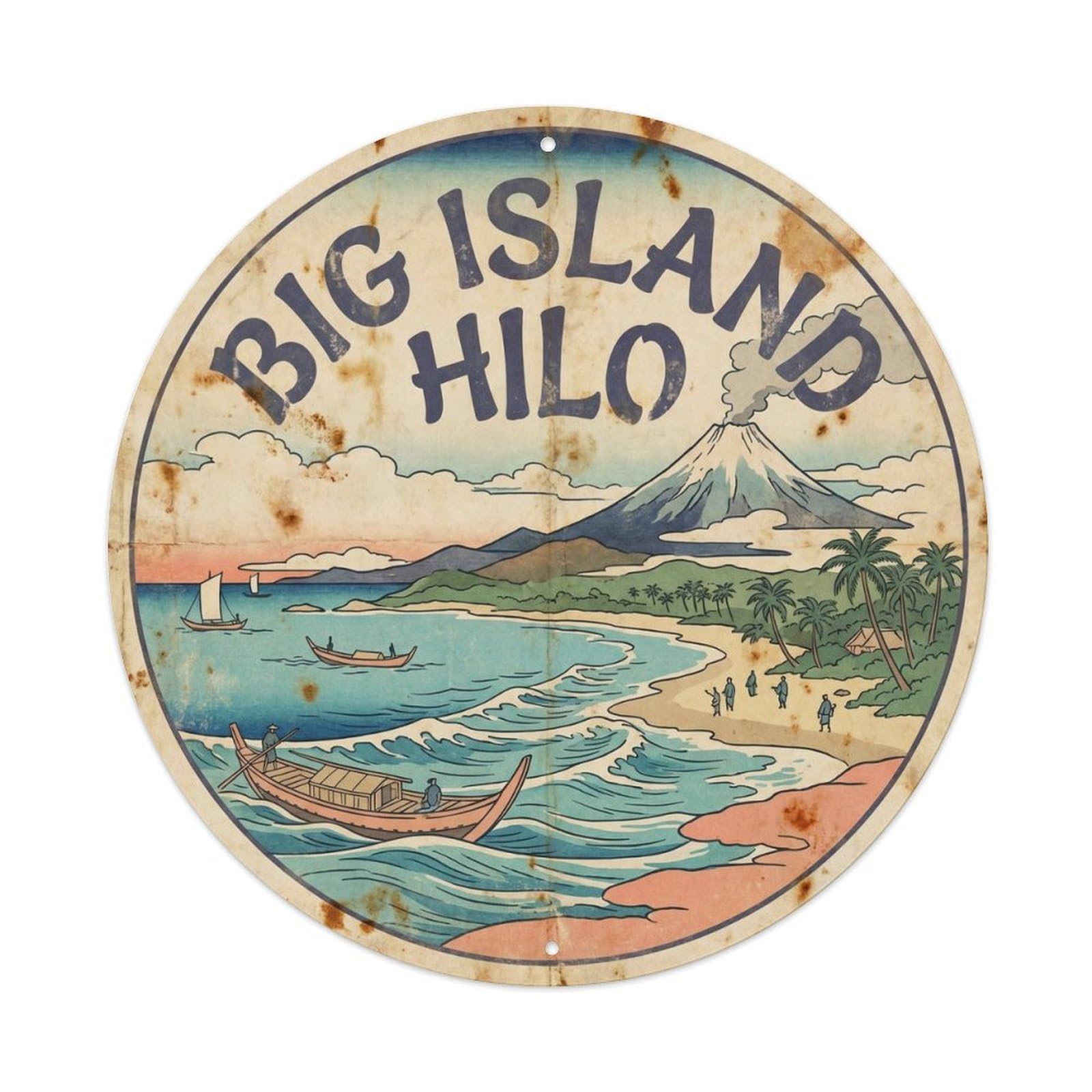 Big Island Hilo Beach Destination Vintage Woodcut Metal Tin Sign