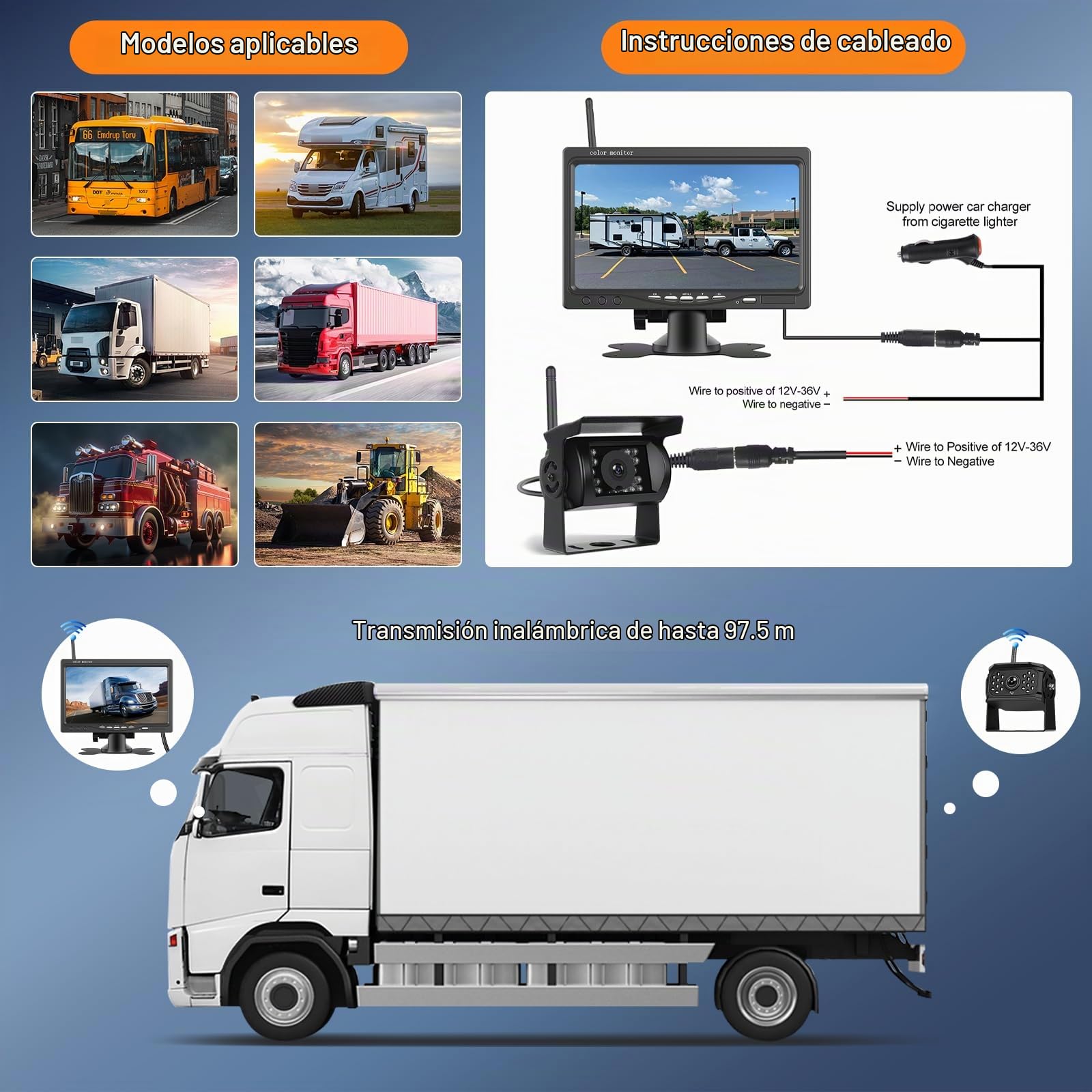 VECHTEL Camara Marcha Atras Inalámbrica 7 Pulgadas IPS HD Monitor Kit, Cámara Trasera mit BSD Impermeabilidad IP68 Visión Nocturna Súper Gran Angular para 12V-36V Camión Camper RV Furgonetas