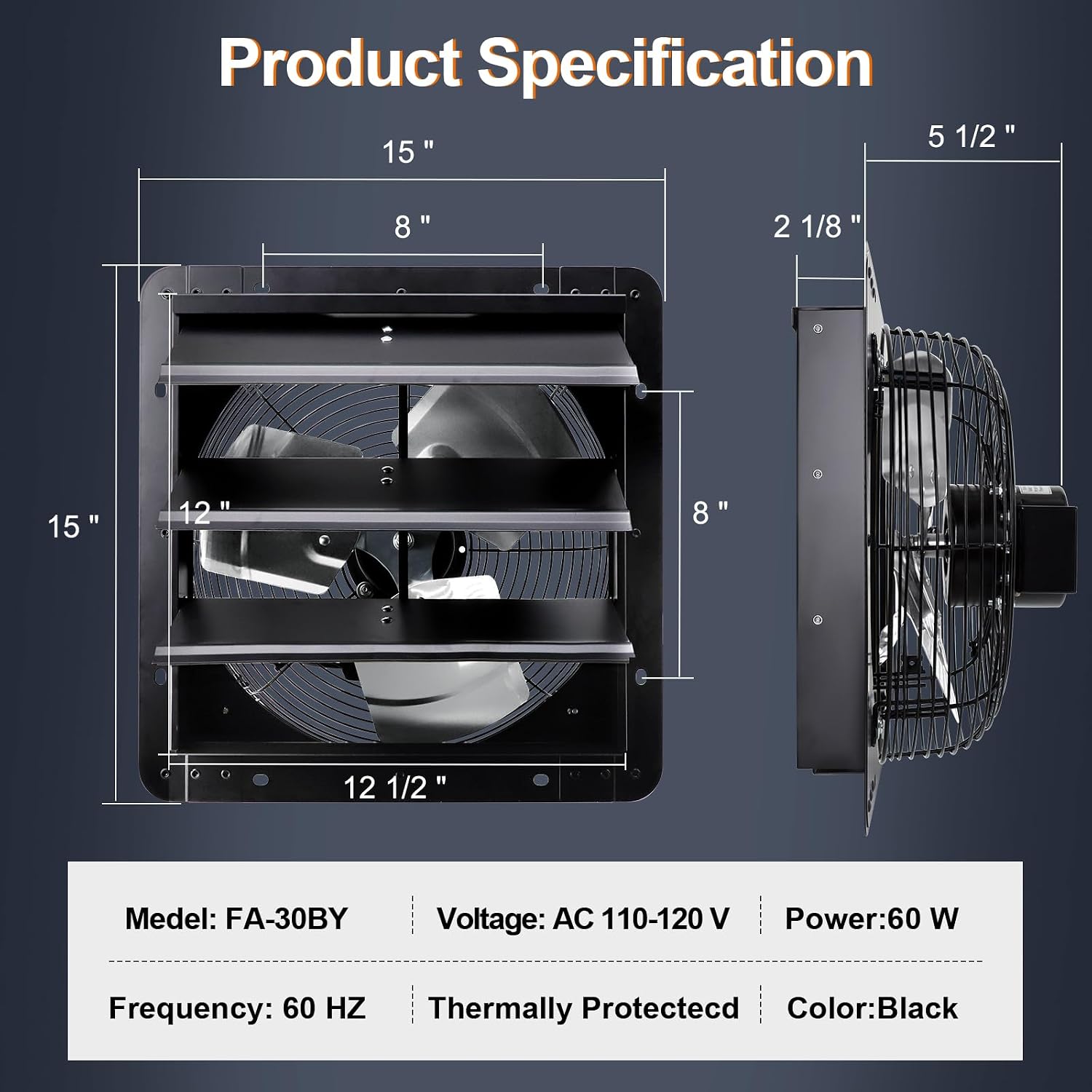 Hiorucet 12" Wall Mounted Shutter Exhaust Fan with Speed Controller and Power Cord Kit, Adjustable Temperature Thermostat with Fire Shut Off Fuse, 60HZ, 60W, Copper Motor, Automatic Shutter Attic Fan