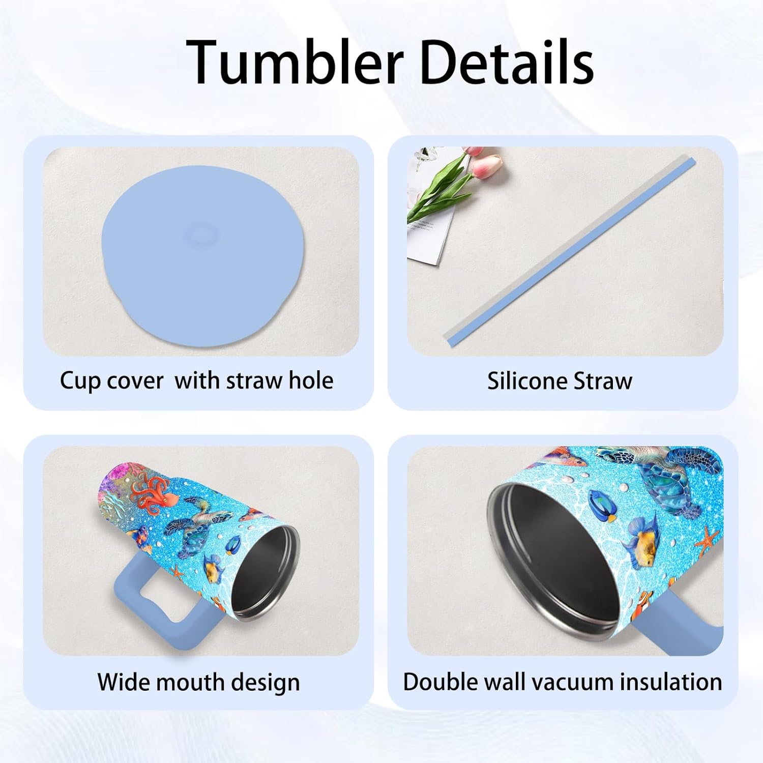 Sea Turtle Gifts - 24 oz Tumbler with Handle and Straw, Insulated Stainless Steel Cup, Leakproof, Blue Ocean Animal Lover Turtle Design Travel Mug for Women Fits Car Cup Holders, Keeps Drinks Cold/Hot - Image 4