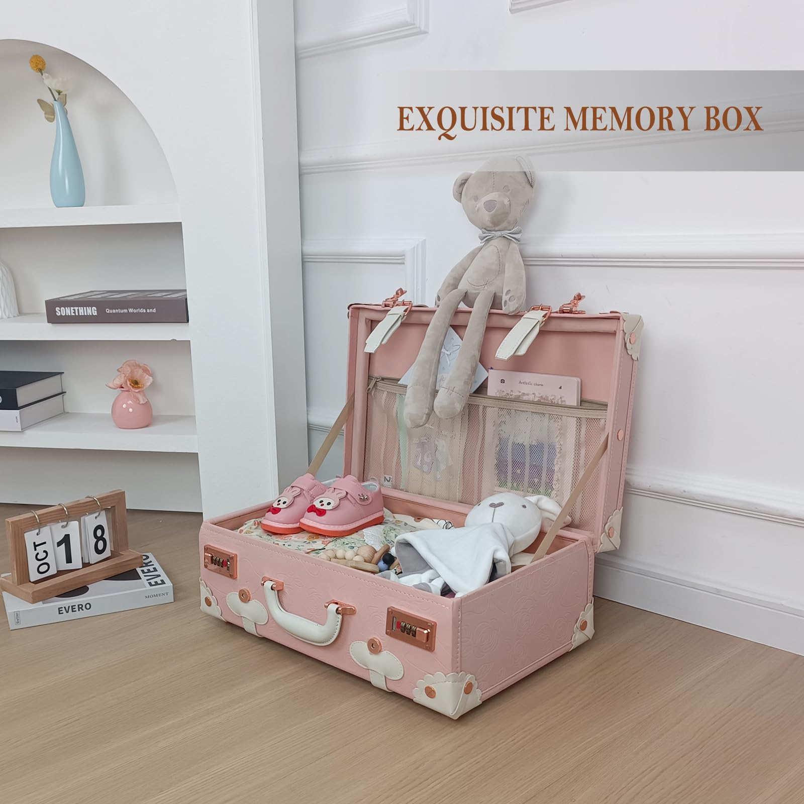 Unitravel Erinnerungskoffer Baby, Vintage Handgefertigte Erinnerungsbox als Geschenkidee für Mädchen (Geprägtes Rosa, 18 Zoll)
