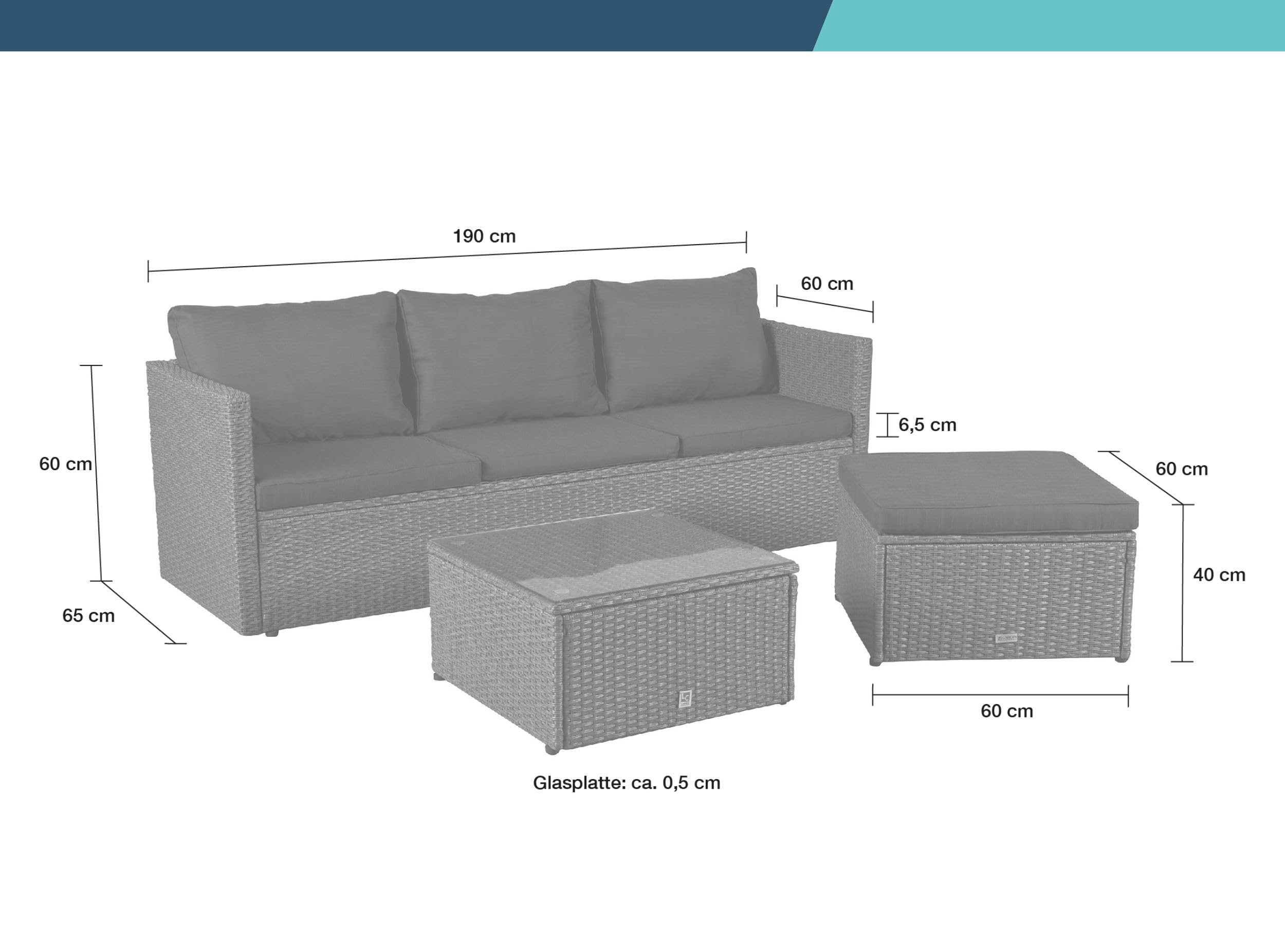 LC Garden Loungino Polyrattan Lounge grau-Mix für 3-4 Personen, Balkonmöbel Sitzgruppe mit Tisch + Hocker, Gartenlounge, Ecksofa für Balkon + Terrasse