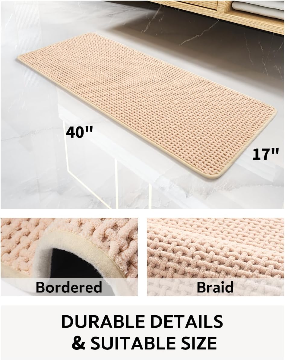 COCOER-Chenille Bath Mat-Rubber Backing Bathroom Rugs Non Slip-Super Absorbent Bath Mats for Bathroom Floor-Quick Dry Bathroom Mat Thin Bath Rugs Fit Under Door-Pink Cream 17''x40''