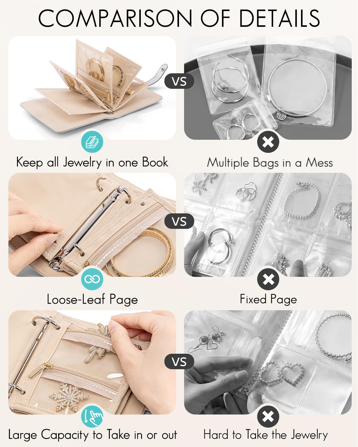 Vlando Estuche organizador de joyas de viaje, regalos de viaje para mujeres, carpeta portátil de almacenamiento de joyas con cremallera transparente, bolsa de terciopelo para joyas, color plateado