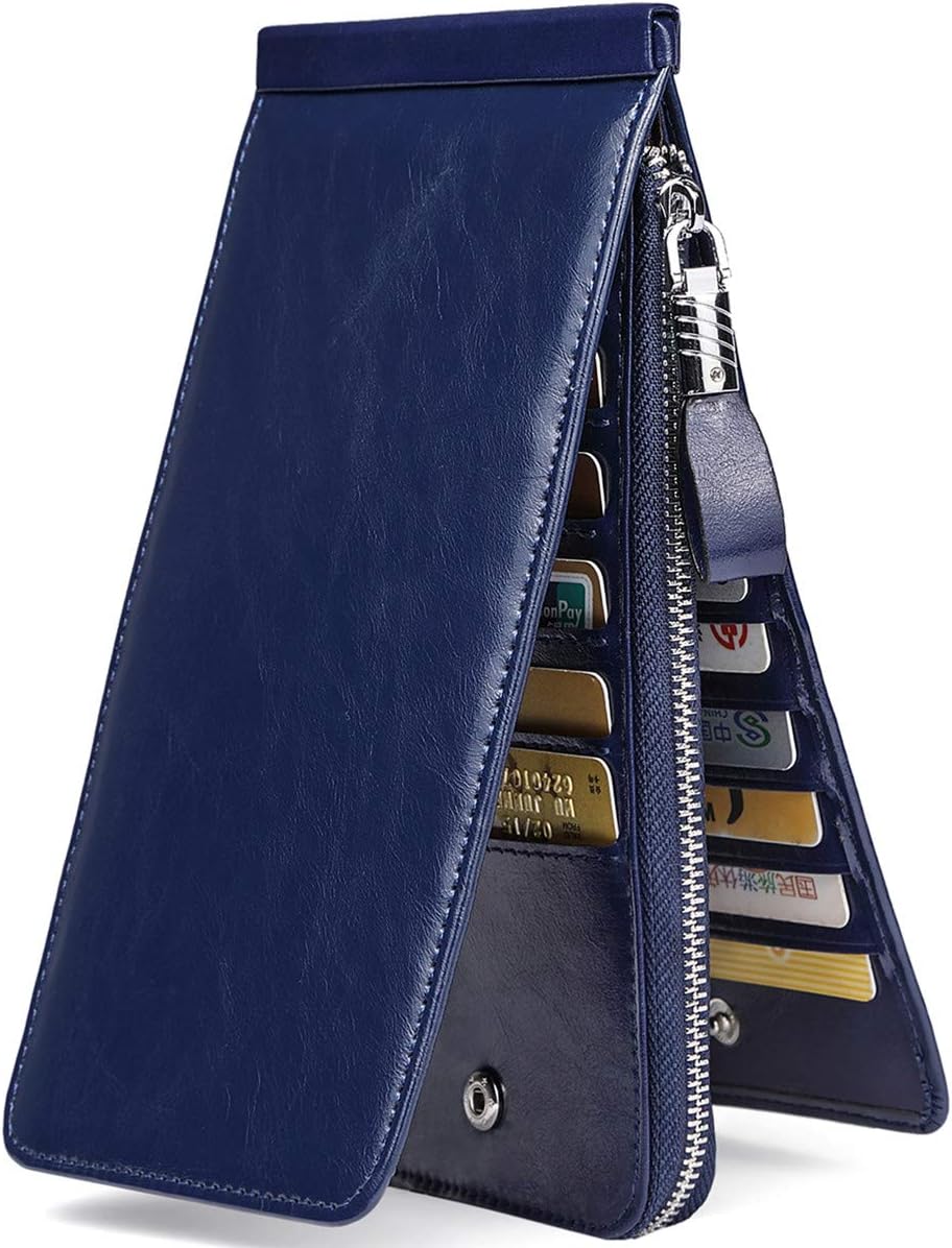 Women's Genuine Leather Credit Card Holder RFID Long Zipper Purse Wallet