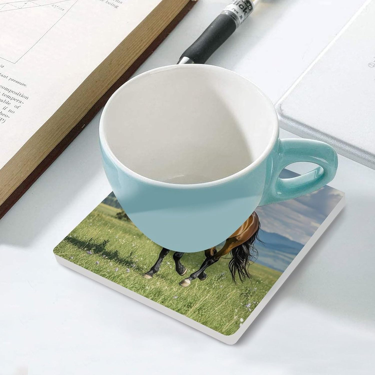 Horse Running in Field Coasters Absorbent Ceramic Coasters for Drinks Coaster with Cork Backing for Table Protection Square Drink Cup Mat Modern Style Coaster for Coffee Table