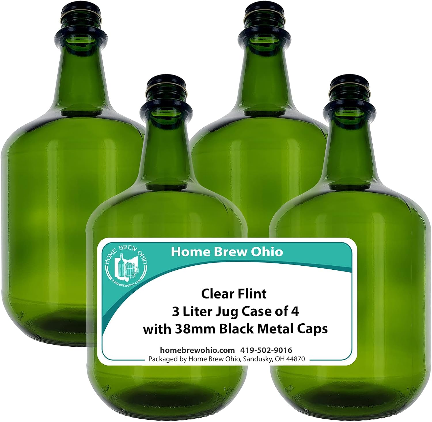 Home Brew Ohio 3L Jug Champagne Green - Pack of Four Bottles with Black Metal Caps