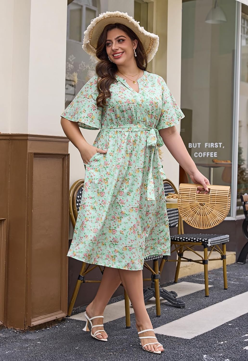 Keluummi Plus Size Summer Midi Dresses for Curvy Women, Casual Floral V Neck Empire Waist A Line Dress with Sleeve and Pocket - Image 5