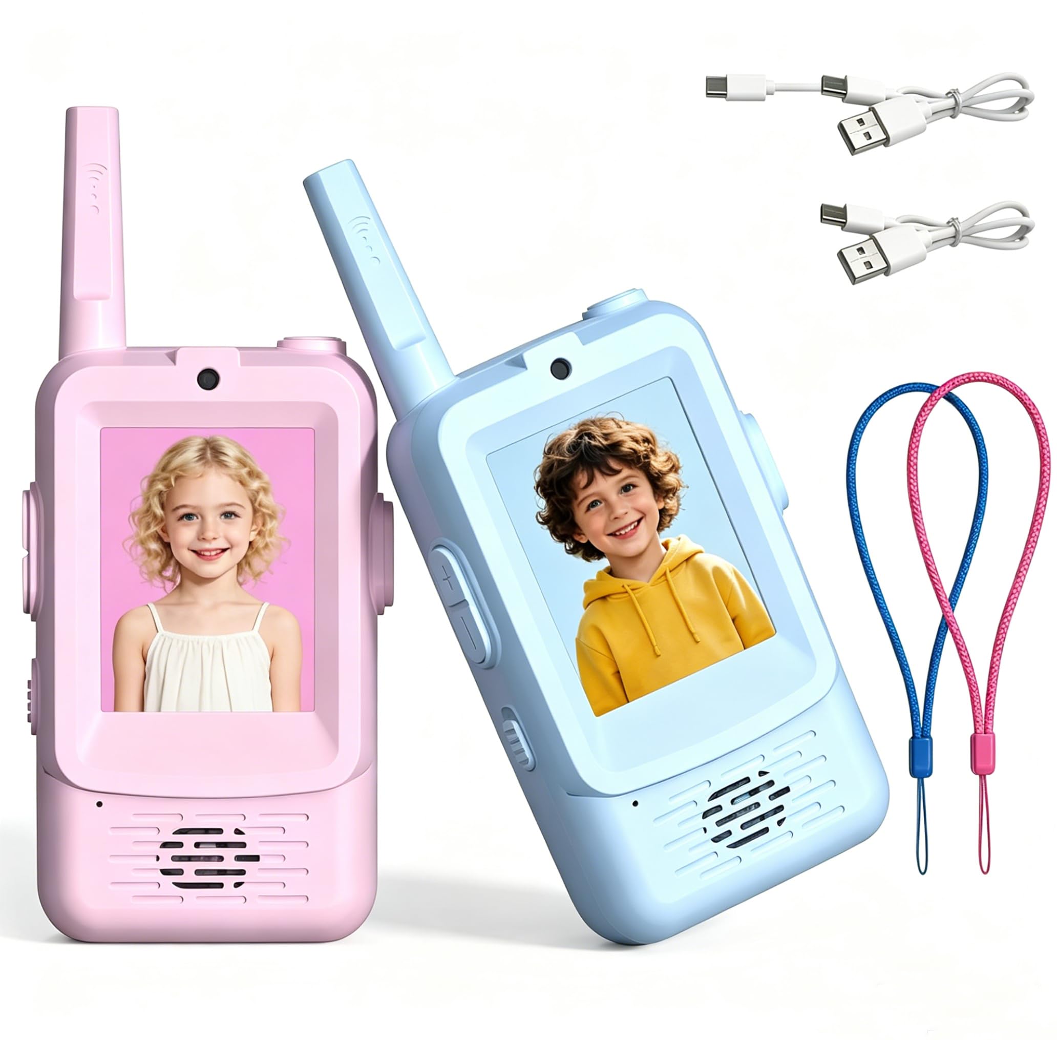 Kids Video Walkie Talkies, 2 Pack Long Range Walkie-Talkie for Kids, Rechargeable Video Call Toys for Indoor, Camping, Hiking, Travel, Christmas Birthday Gift for Boys Girls Age 3-12 (Blue/Pink)
