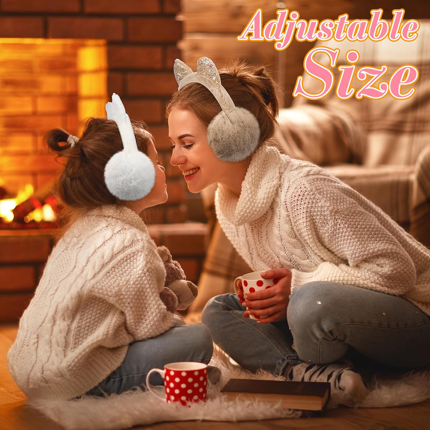 Suhine 4 Pieces Winter Ear Muffs for Kids Faux Fur Cat Ear Warmers Cute Adjustable Ski Plush Padded Ear Covers Outdoor Ear Warmers for Girls White, Pink, Khaki, Black, One Size - Image 5