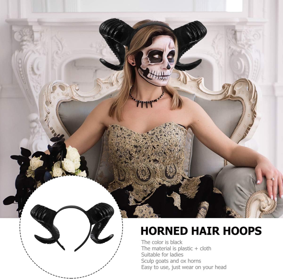 Lurrose Halloween Ram Horns Headband Gothic Sheep Horn Hair Hoops Halloween Devil Costume Headbands Performance Props for Christmas Costume Party Forest Animal Cosplay