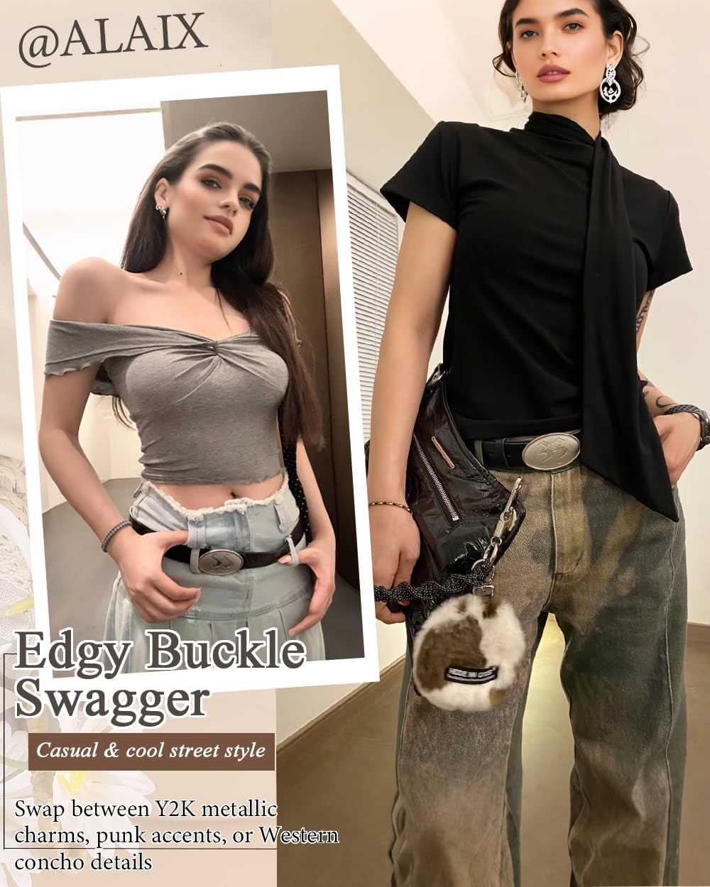 ALAIX Women's Black Leather Belt with Silver/Gold Buckle Western Jeans Y2K Punk Pants Belt Black and Silver Belts for Women - Image 3