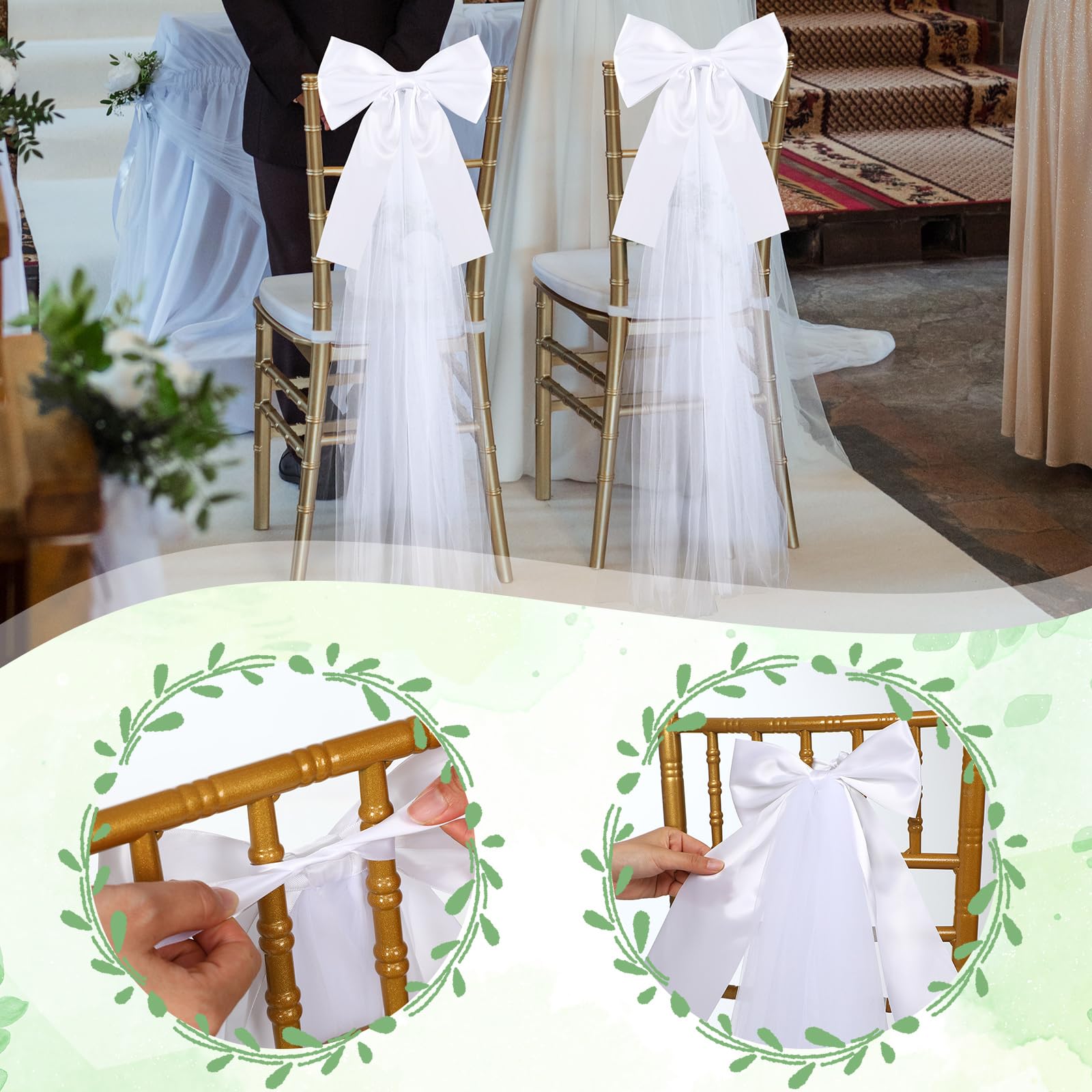 12 Stück große weiße Hochzeitsschleifen mit Satinschleife mit 30 m Stoff, Tüll, Kirche, Stuhl, Gang-Dekorationen für Hochzeitskleid, Schleife, Brautparty, Empfang, Geburtstag, Muttertag