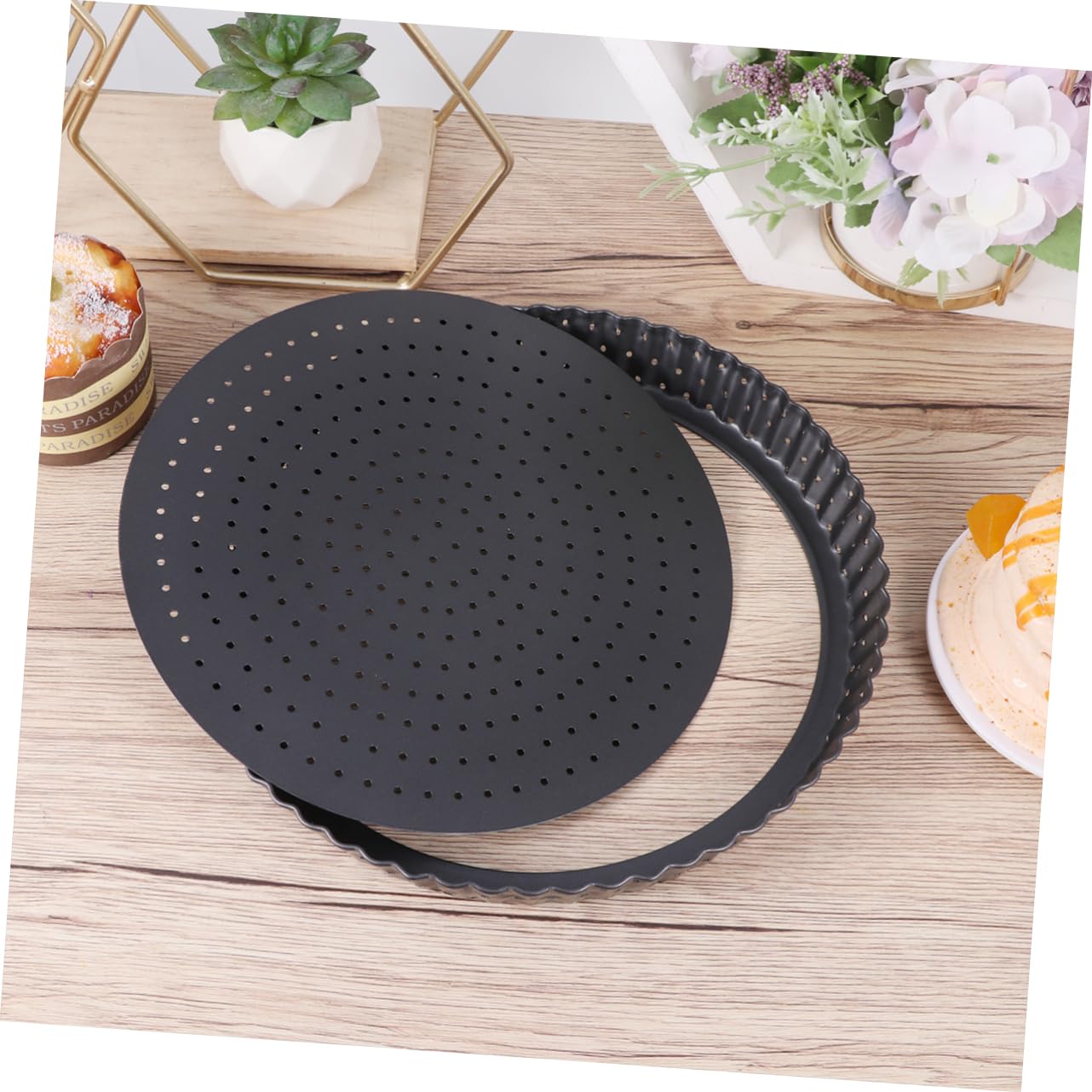 PRETYZOOM Teglia per Pizza Anello Microforato Crostata 24 Cm in Acciaio al Carbonio con Base Rimovibile e Rivestimento Antiaderente per Forno Rotonda