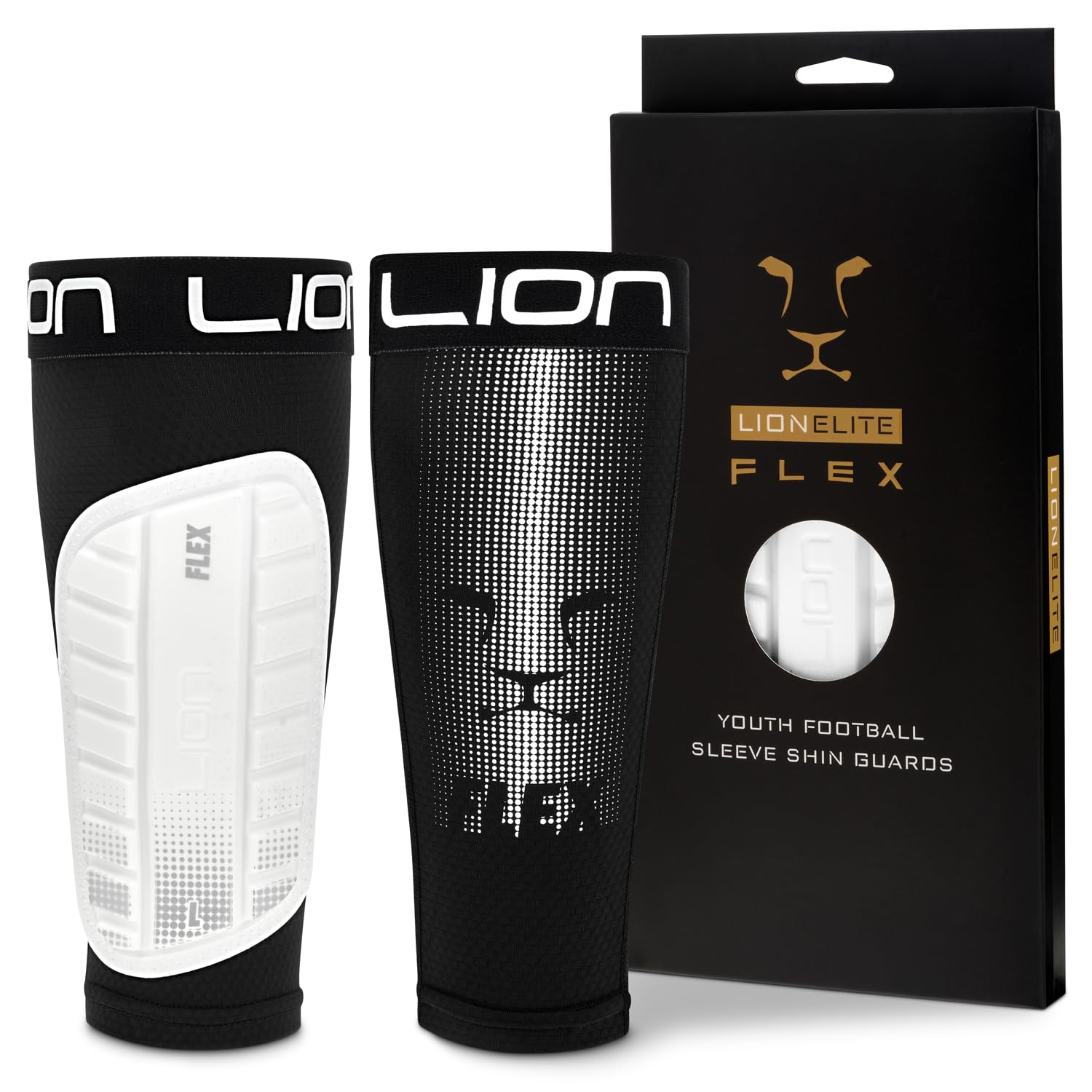 LION ELITE Youth Shin Pads with Sleeves – Flexible Football Shin Guards for Kids – Non-Slip, Multiple Colours | White - Youth Medium