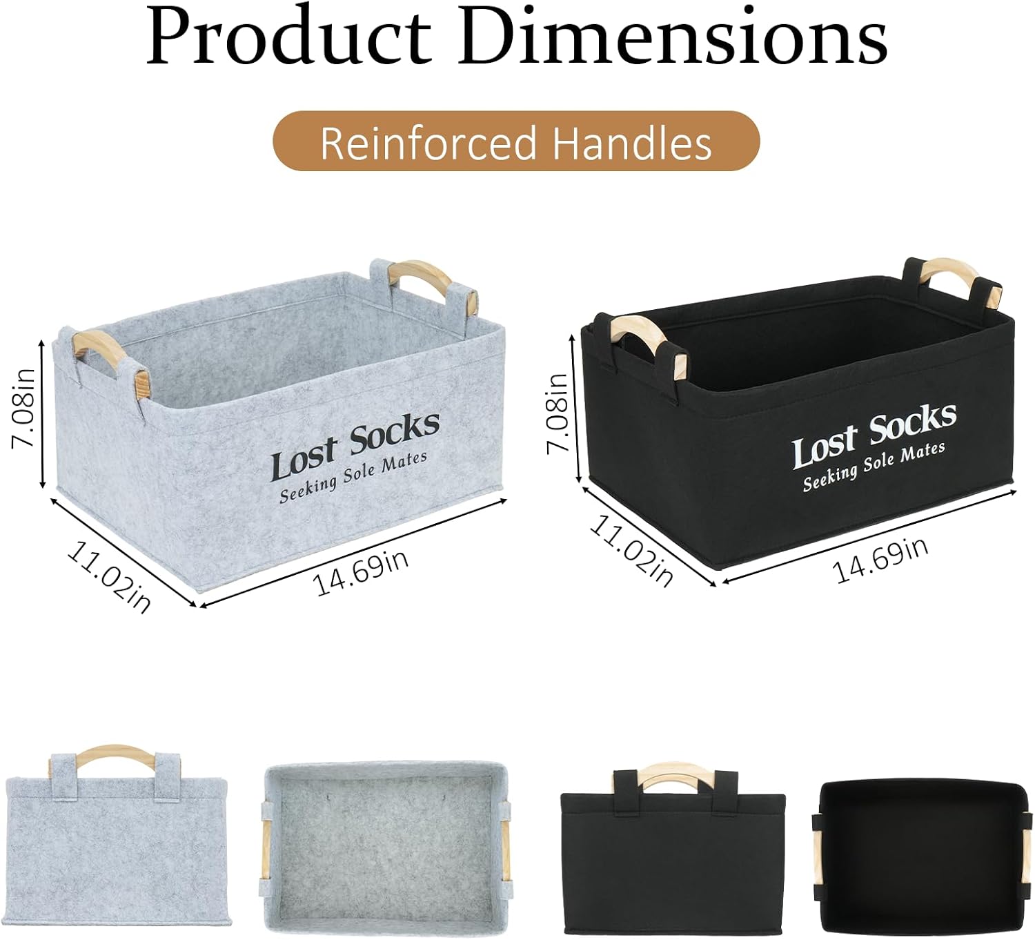 2 Pack Lost Socks Basket for Laundry Room, Heavy-duty Felt Missing Sock Holder for Sock Organization Lost Socks Bin Stockings Container with Wooden Handle Farmhouse Laundry Room Accessories