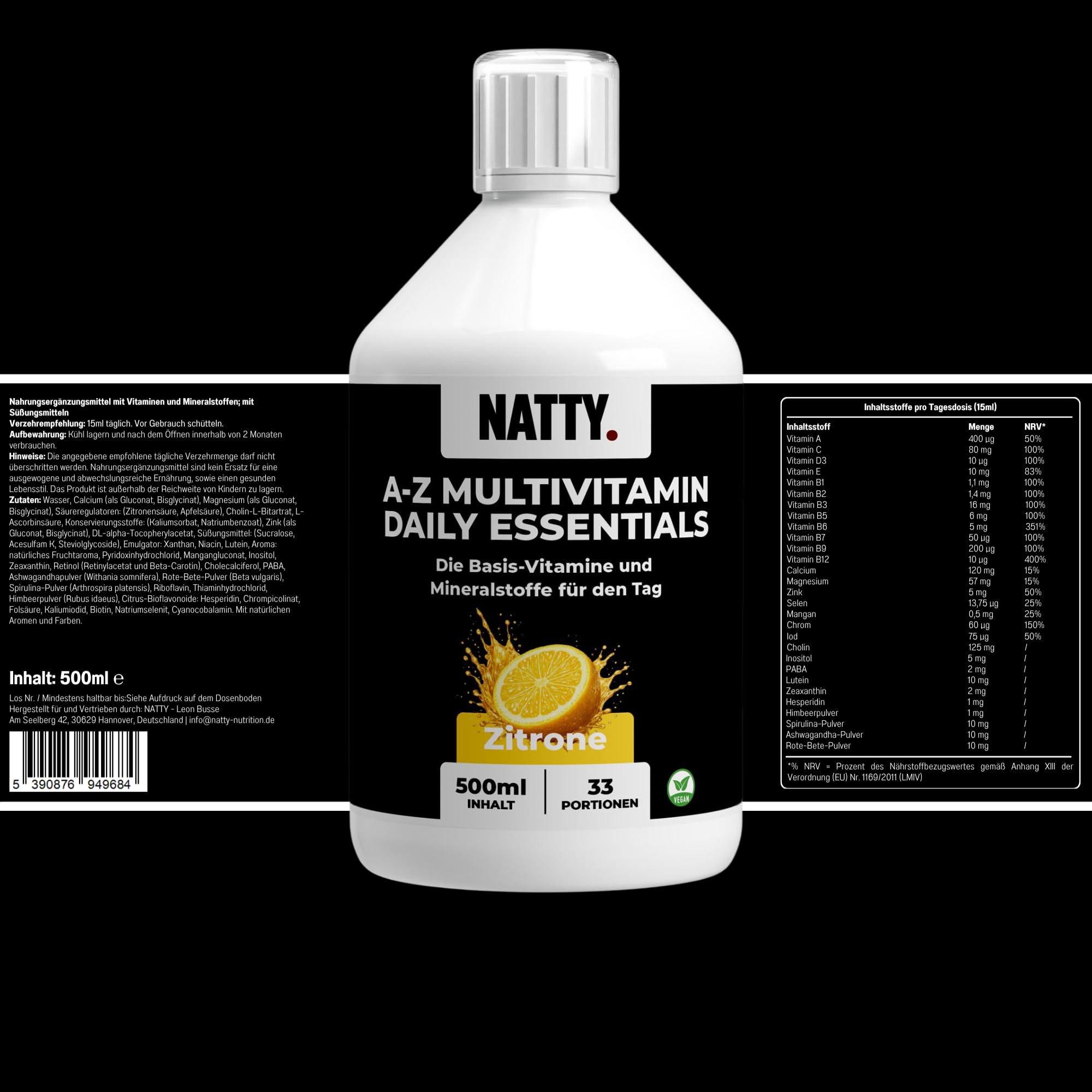 NATTY A-Z Daily Vitamin Bundle – Flüssige Vitamine ohne Kapseln – 3x Multivitamin Zitrone, 3x Magnesium Komplex Orange & Vitamin D3 K2 Tropfen – 100 Tage Vorrat