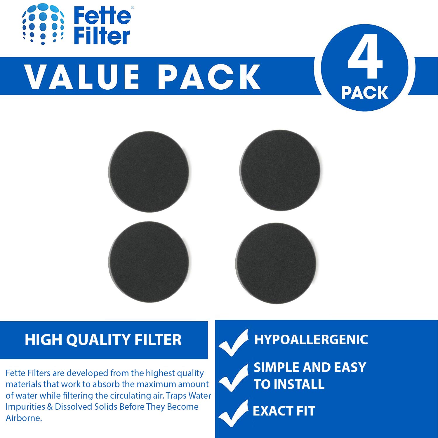 Fette Filter – Vacuum Filter Compatible with Bissell 1608225, Pre-Motor Filter for Powerforce, PowerGlide, PowerClean, PowerEase Vacuums. Also Compatible with Eureka DCF-26 Allergen Vacuums (4-Pack)