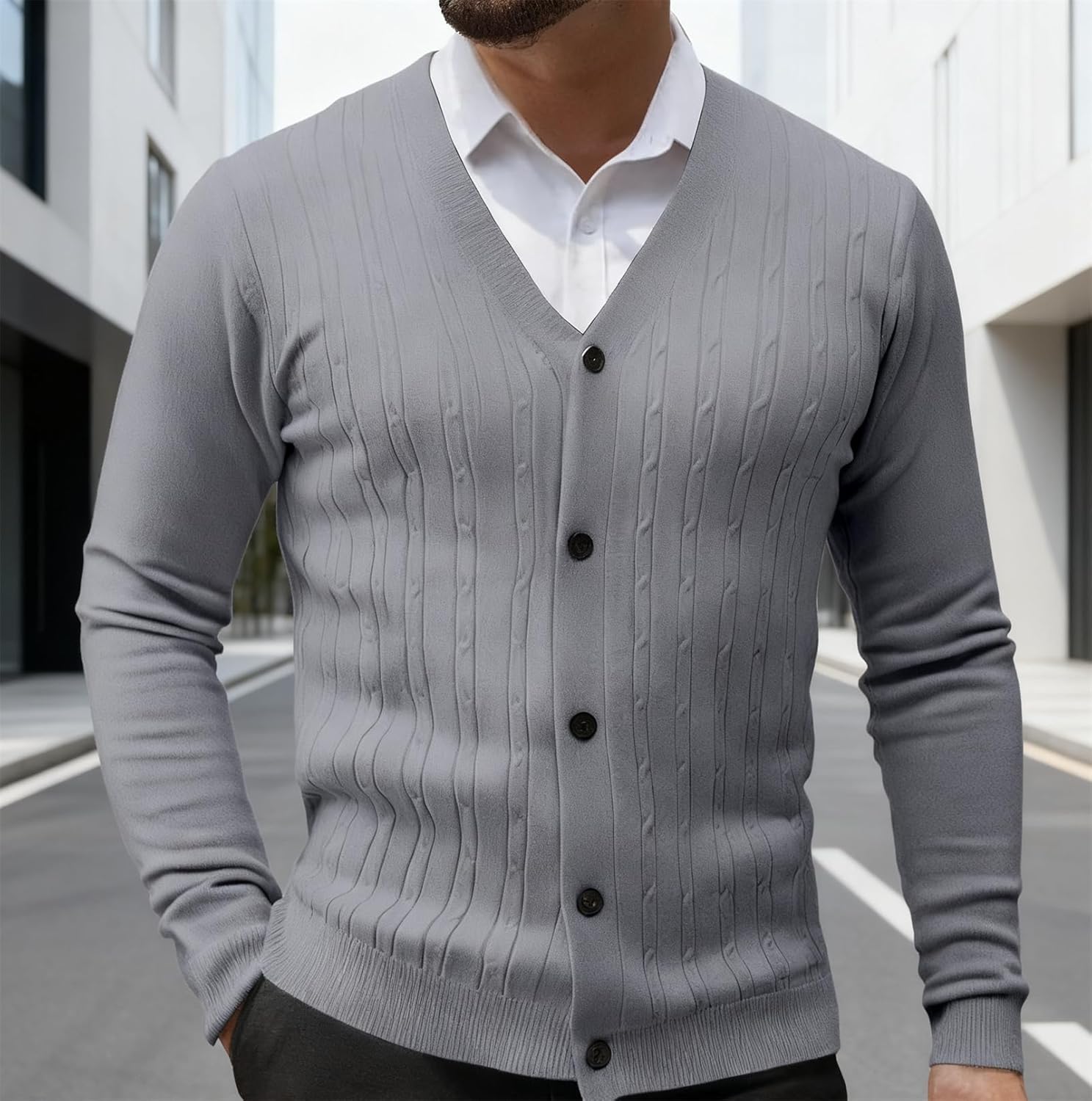 Knit V Neck Button up Ribbed Sweaters, Mens Fall Cardigan Sweater, Long Sleeve V Neck Slim Fit Button Down Sweaters