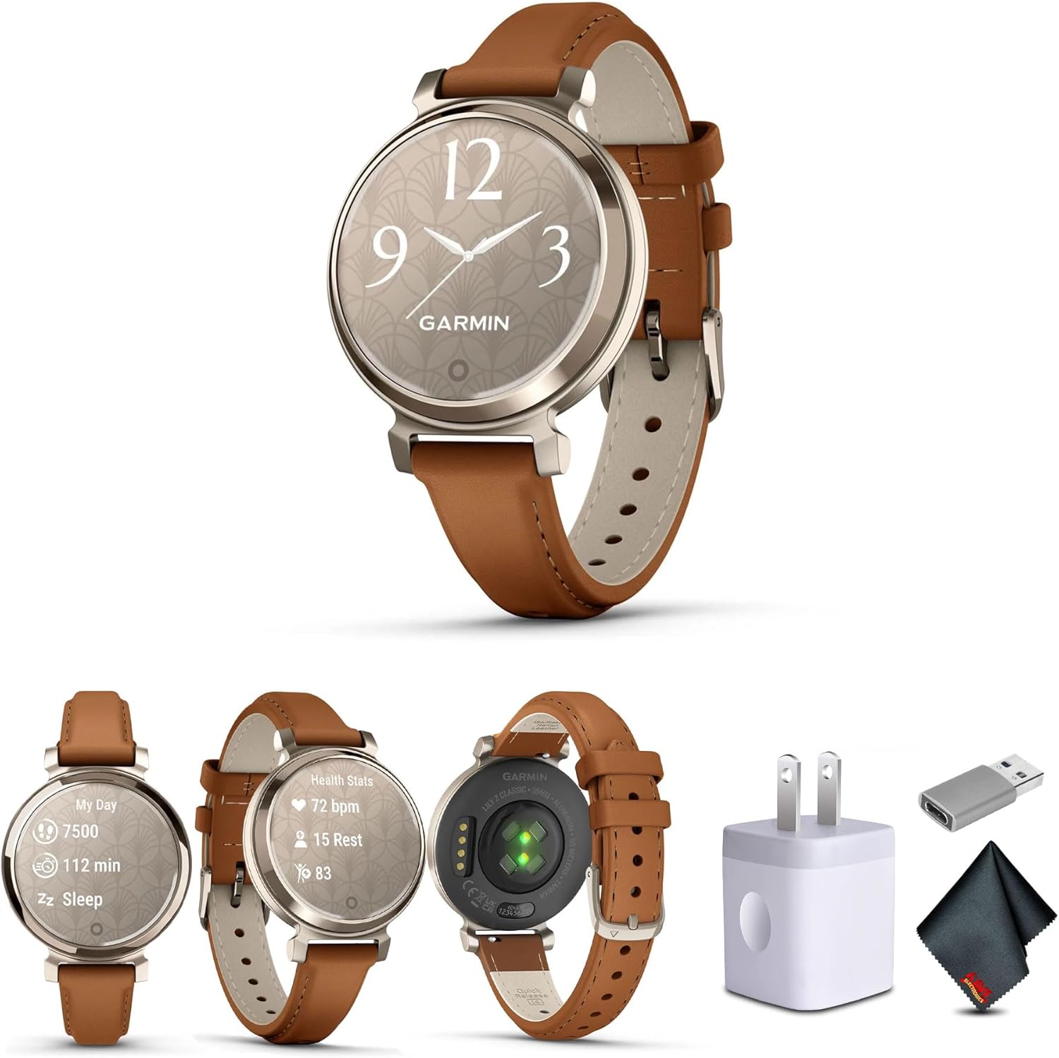 Garmin Lily 2 Classic Small and Stylish Smartwatch Up to 5 Days Battery Life Hidden Display Patterned Lens Cream Gold with Tan (010-02839-02) Health and Fitness Smart Watch Bundle for Women