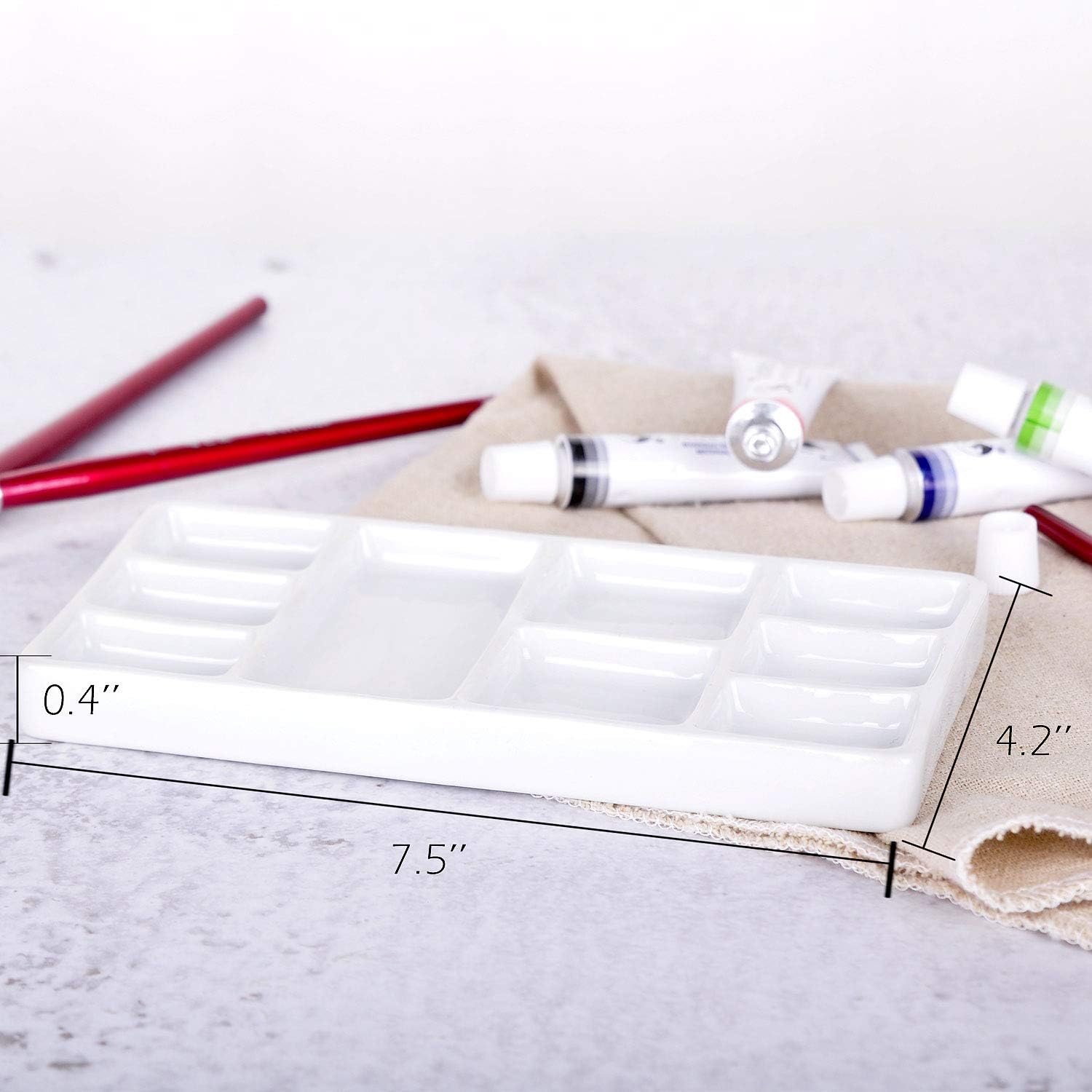 VanEnjoy 9 Wells White Rectangle Ceramic Artist Paint Palette,Porcelain Watercolor Palette,Ceramic Mixing Tray for Watercolor Gouache Painting, 7.5 inch : Everything Else