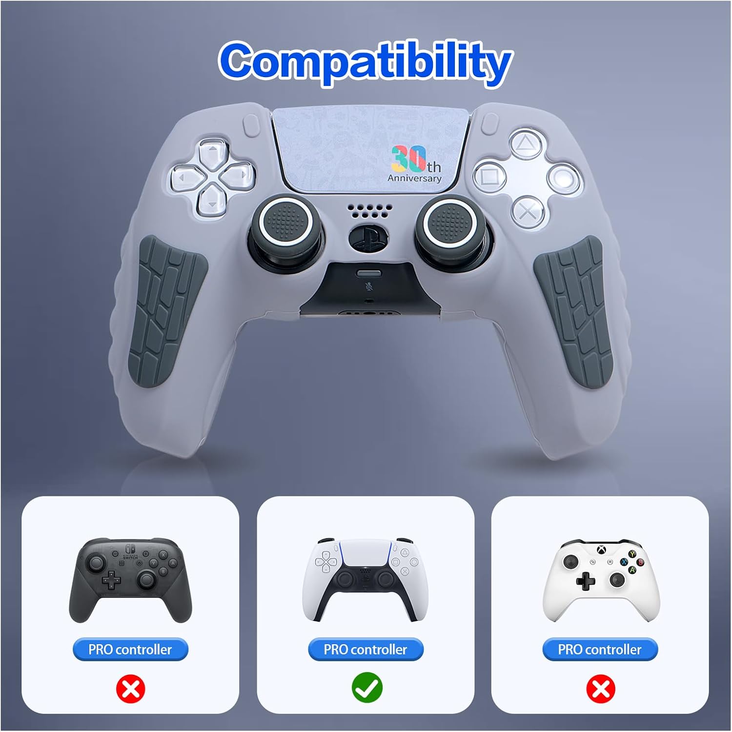 ECHZOVE PS5 Controller Cover Case – 30th Anniversary Limited Edition Protective Silicone Skin for PlayStation 5 Controller, Anti-Slip, Sweat-Resistant, Shockproof Grip Case (Light Grey)