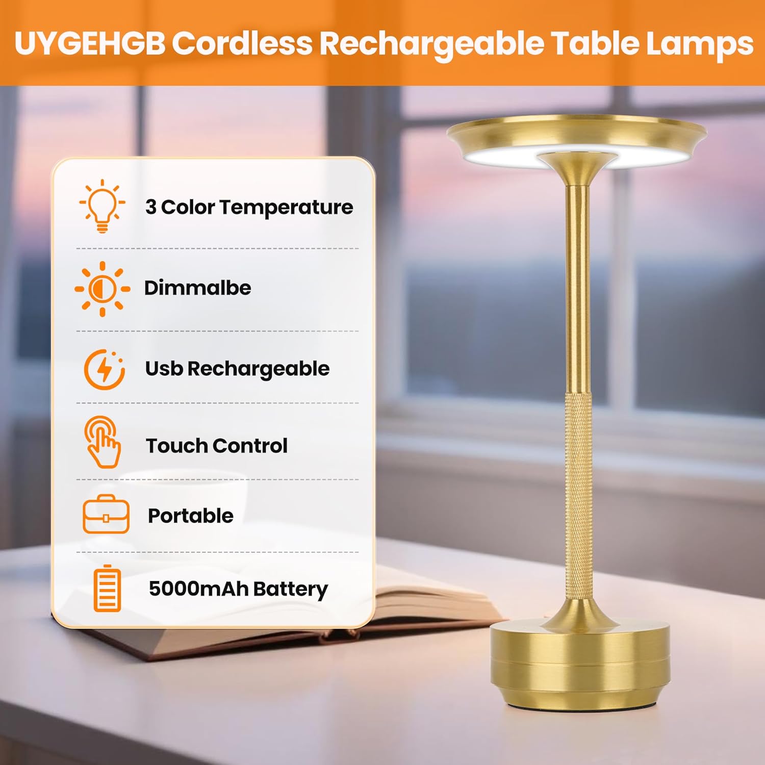 2-Pack Cordless Table Lamp Rechargeable 5000mAh, 3-Color Stepless Dimming Touch Sensor, Portable LED Desk Light for Bedroom, Nightstand, Camping, Patio (2-Pack Gold)