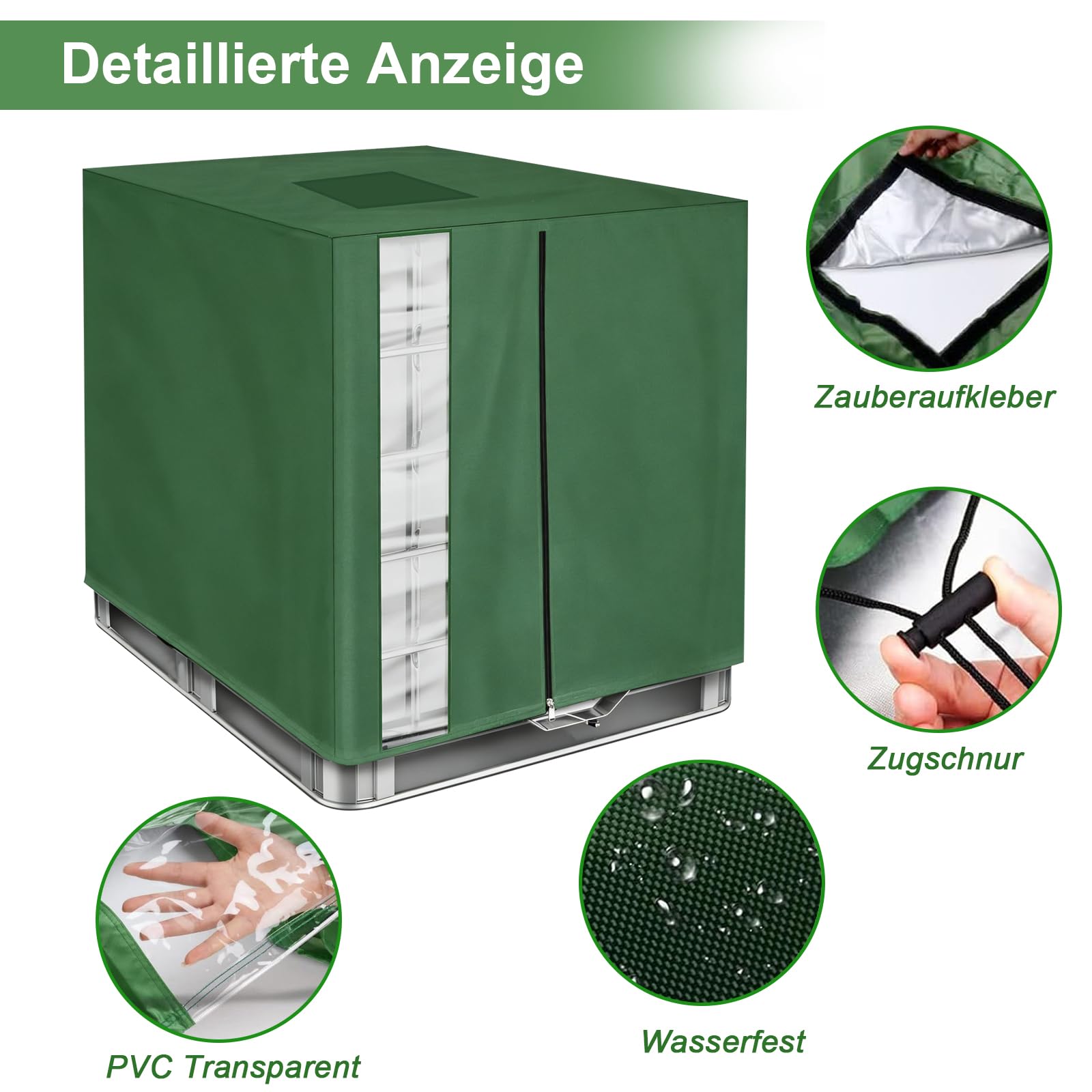 IBC Pokrowiec na zbiornik na wodę 420D Oxford, plandeka ochronna na zbiornik 1000L, osłona na zbiornik IBC UV, osłona na zbiornik na wodę deszczową z oknem, 120 x 110 x 116 cm - zielony